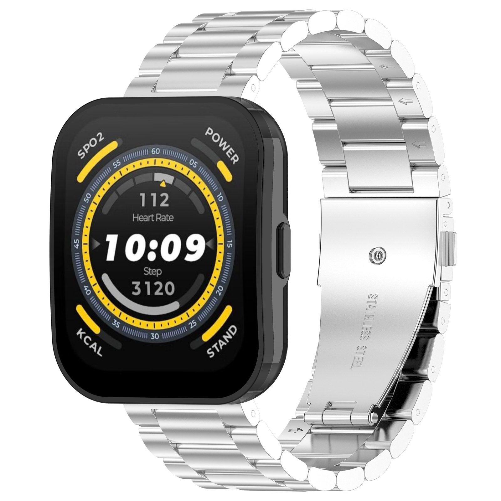 Eine Smartwatch mit silbernem Metallarmband. Der Bildschirm zeigt Zeit, Herzfrequenz und Schritte an.