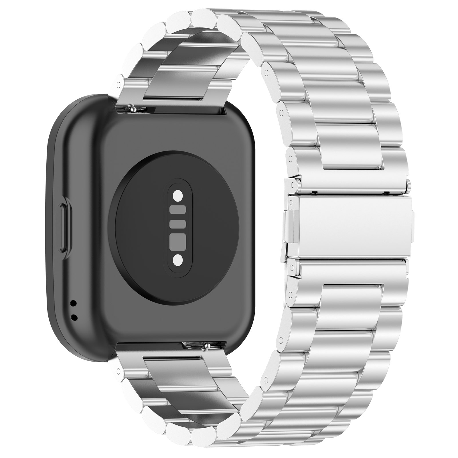 Smartwatch an einem Metallarmband. Die Smartwatch ist schwarz und hat einen Sensor auf der Rückseite.