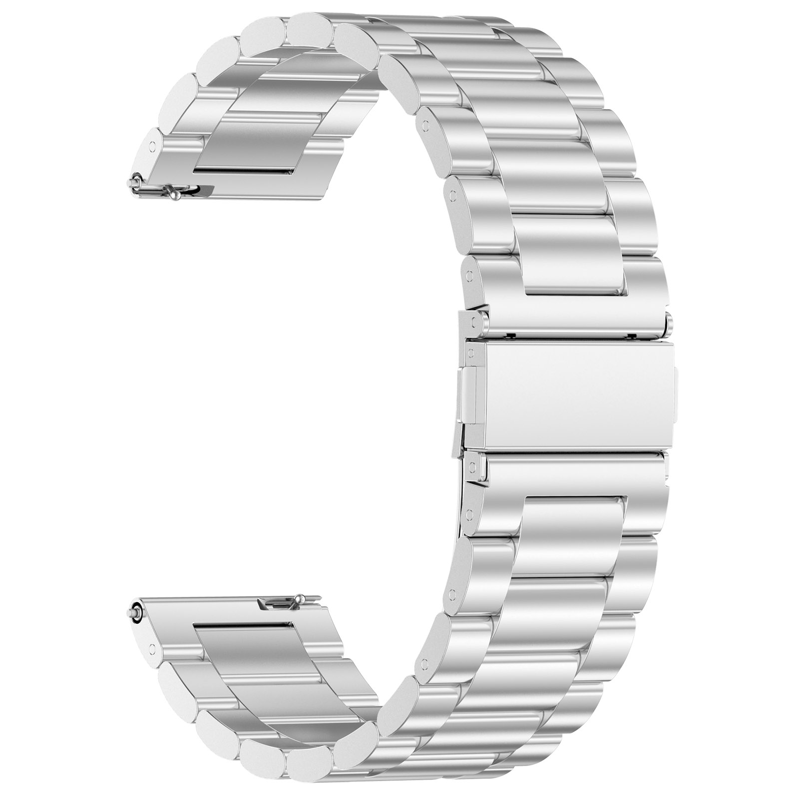Ein silbernes Metall-Uhrenarmband. Das Armband ist gebogen, und der Verschluss befindet sich in der Mitte.