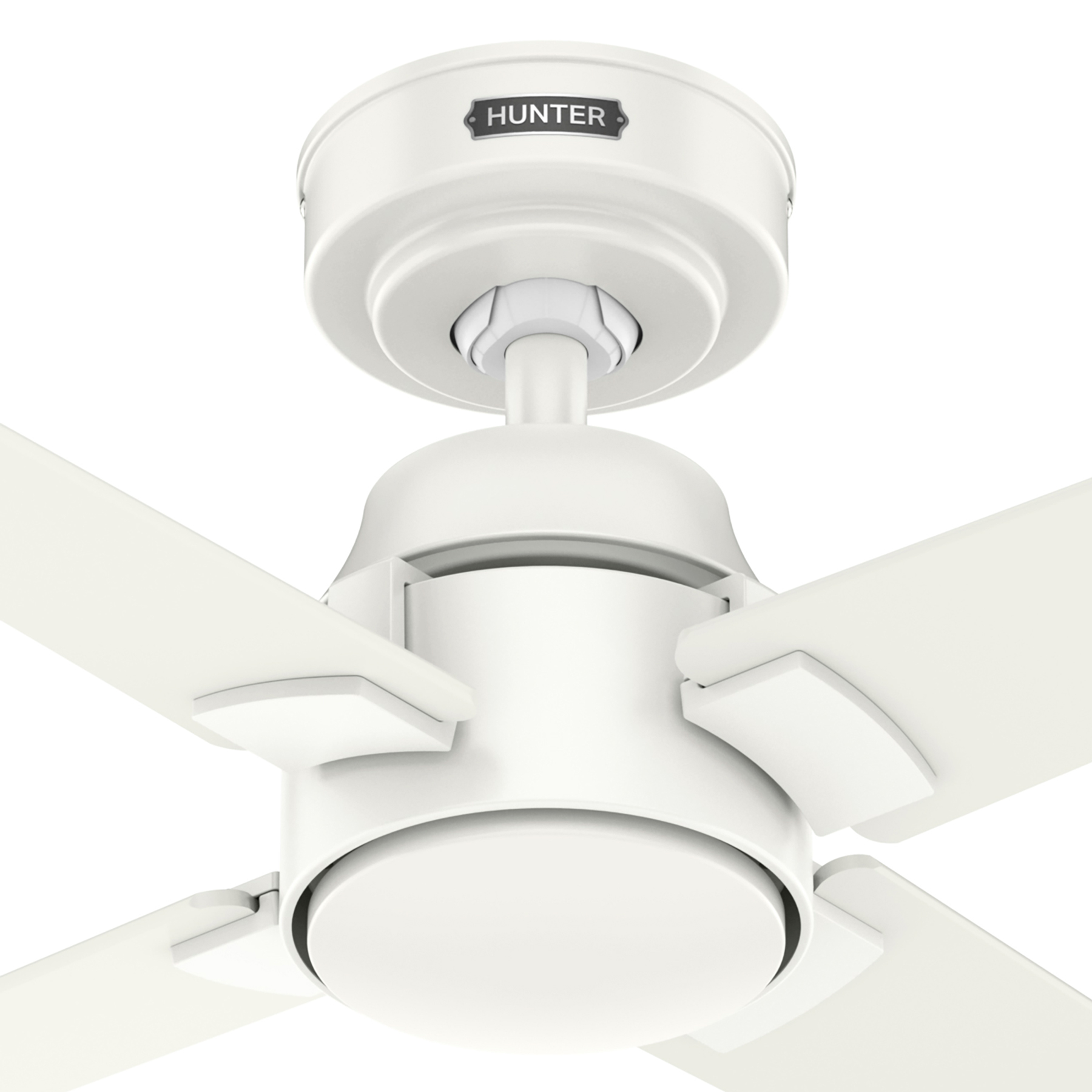 Nahaufnahme eines weißen Deckenventilators mit HUNTER-Logo. Die Flügel sind weiß.