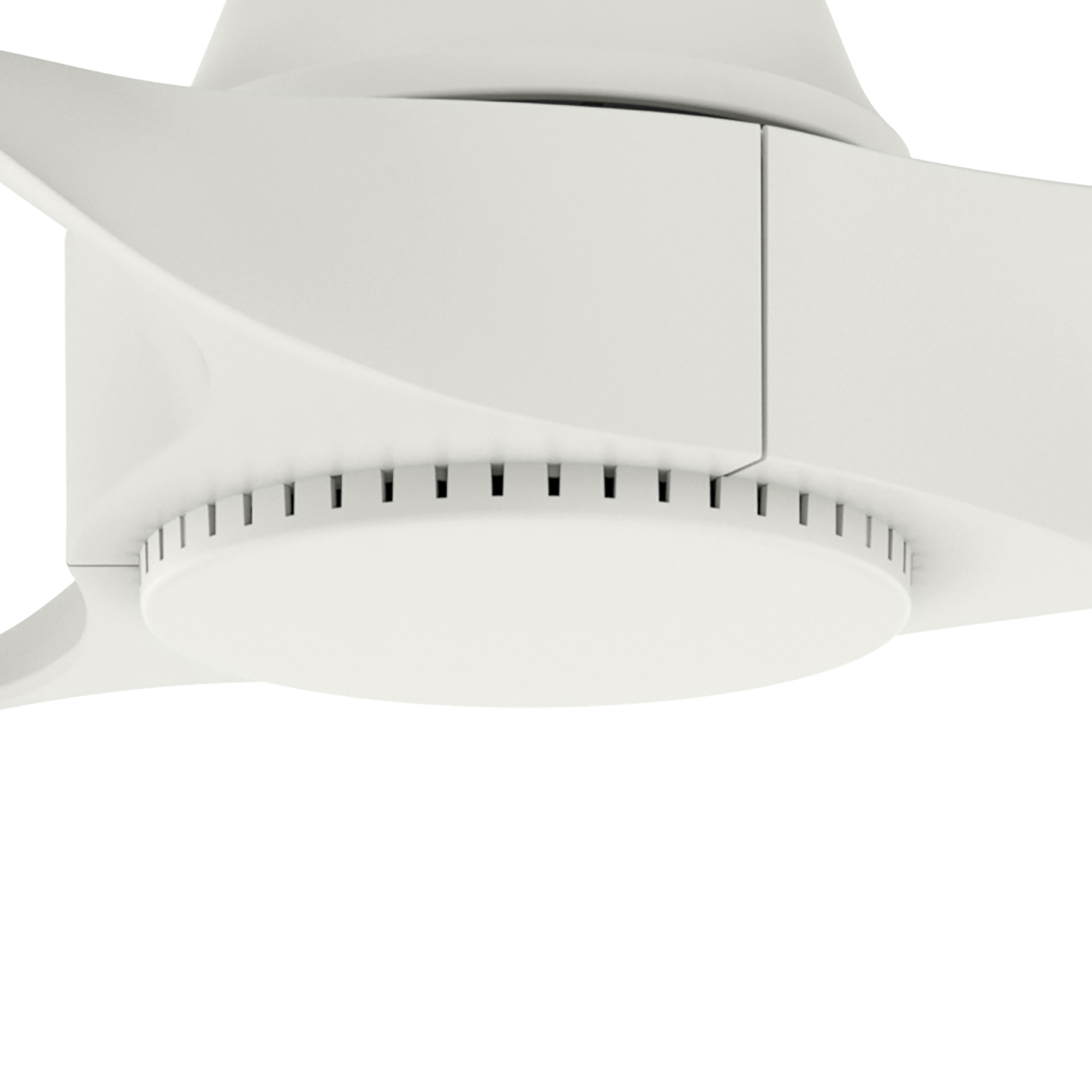 Nahaufnahme eines weißen Ventilators. Der Ventilator hat ein rundes Mittelstück.