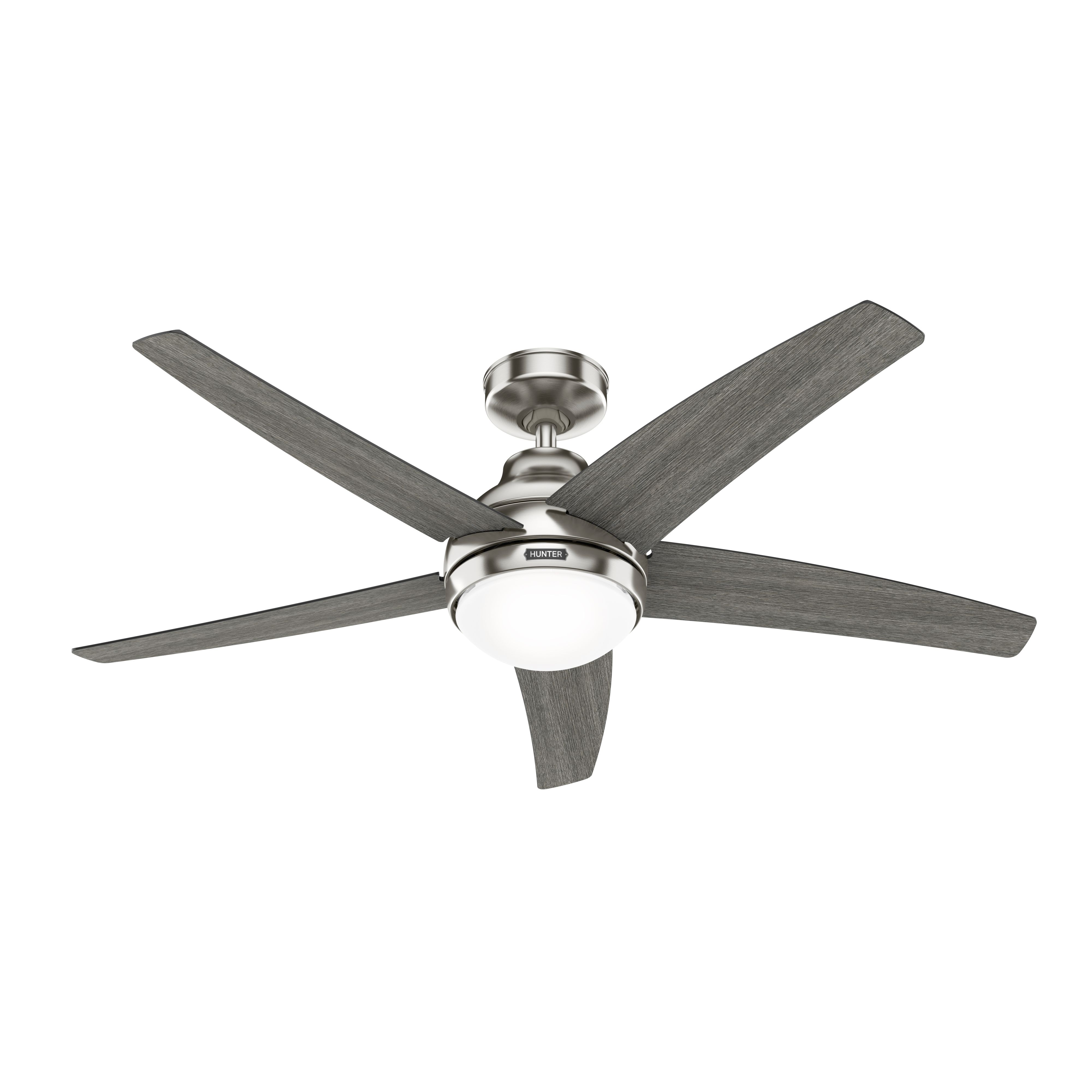 Deckenventilator mit fünf grauen Blättern und zentralem Licht.