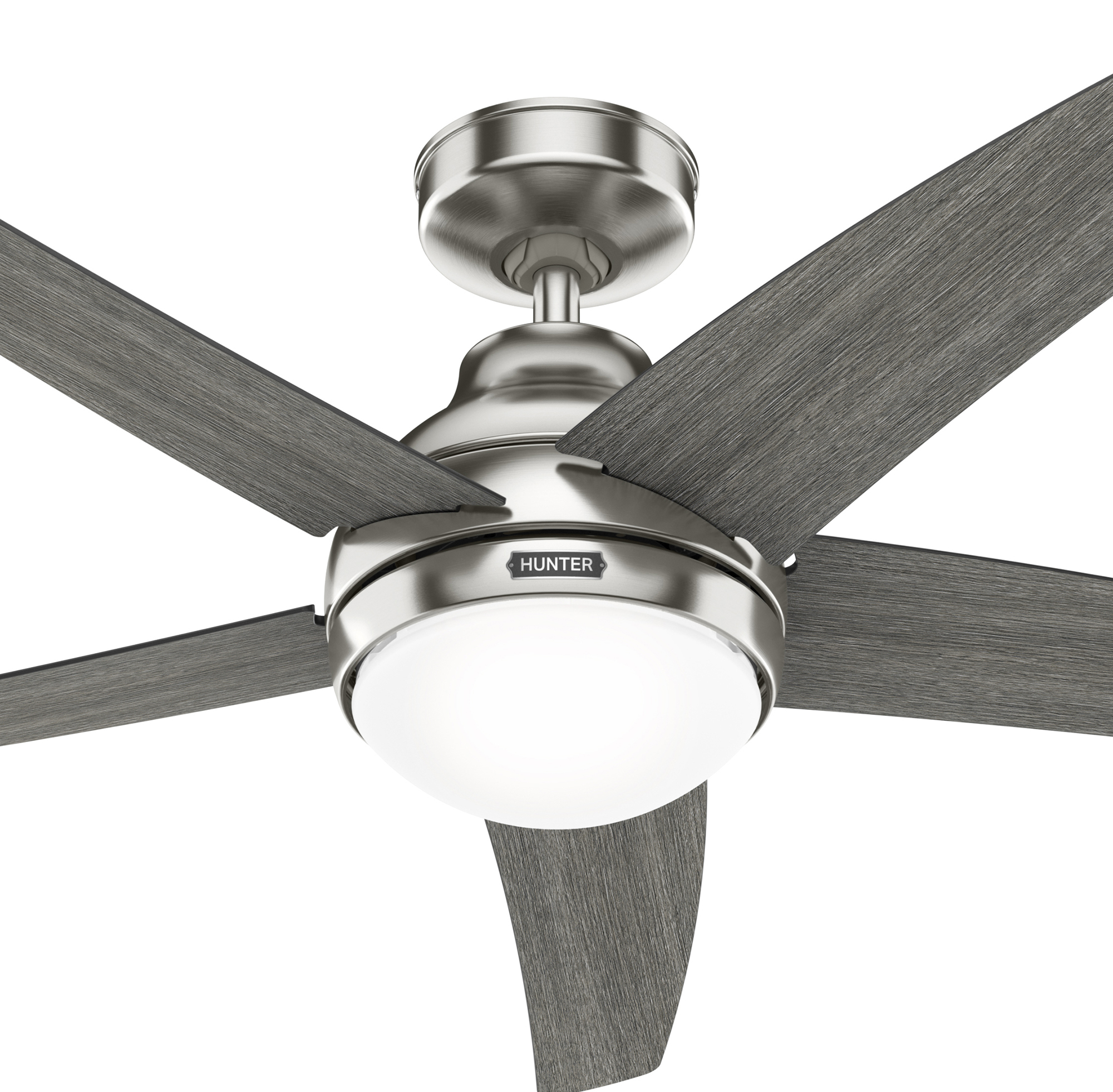 Deckenventilator mit grauen Flügeln und einem silbernen Gehäuse. Auf dem Gehäuse steht HUNTER.