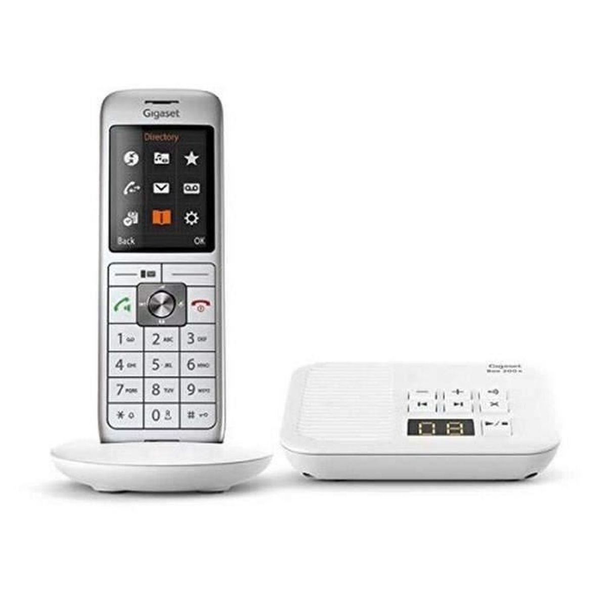 Schnurloses Telefon und Basis. Telefon ist silber und schwarz mit Bildschirm und Zifferntasten. Weißer Hintergrund.