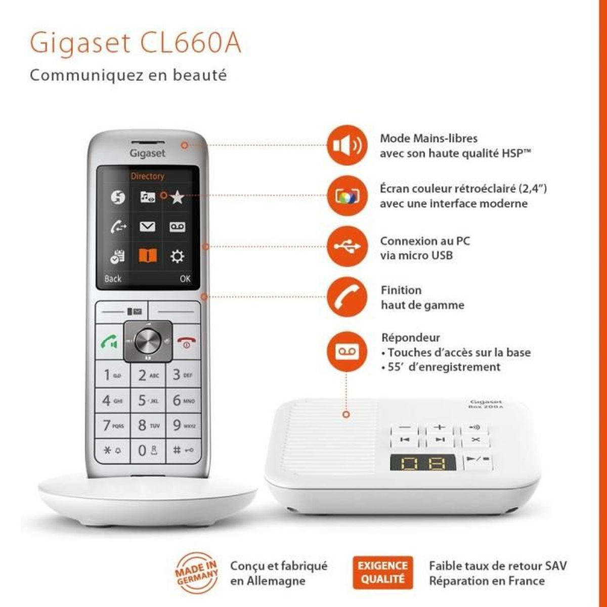 Weißes Gigaset-Telefon mit Basisstation. Symbole und Tasten sind sichtbar.