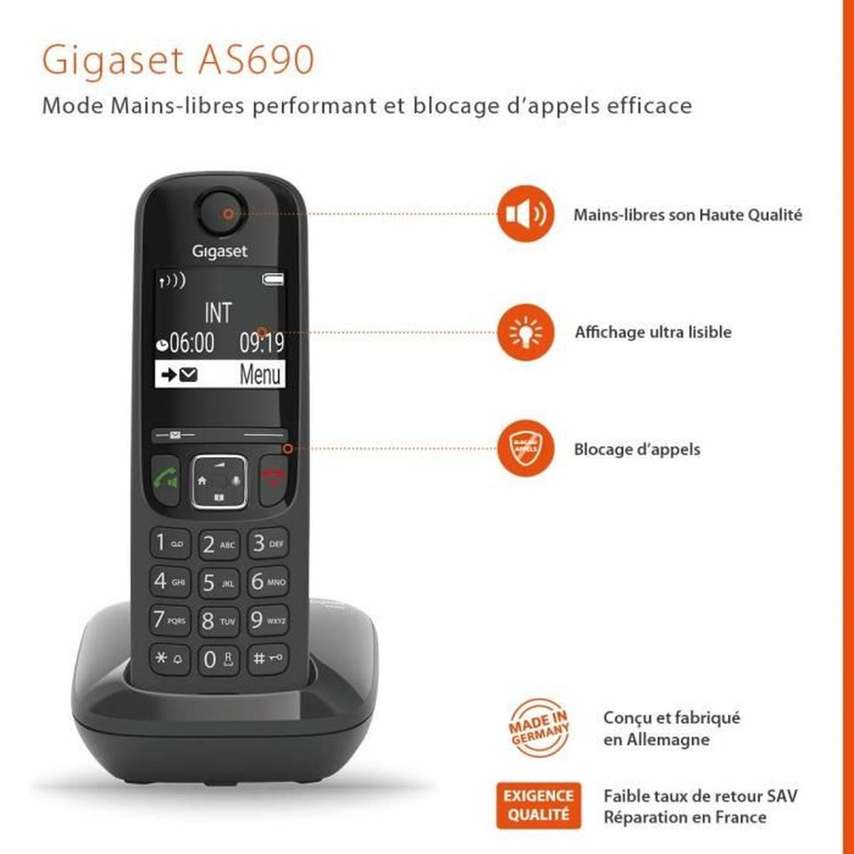 Schwarzes schnurloses Telefon auf einer Basis. Telefon hat einen Bildschirm und Tasten. Weißer Hintergrund.