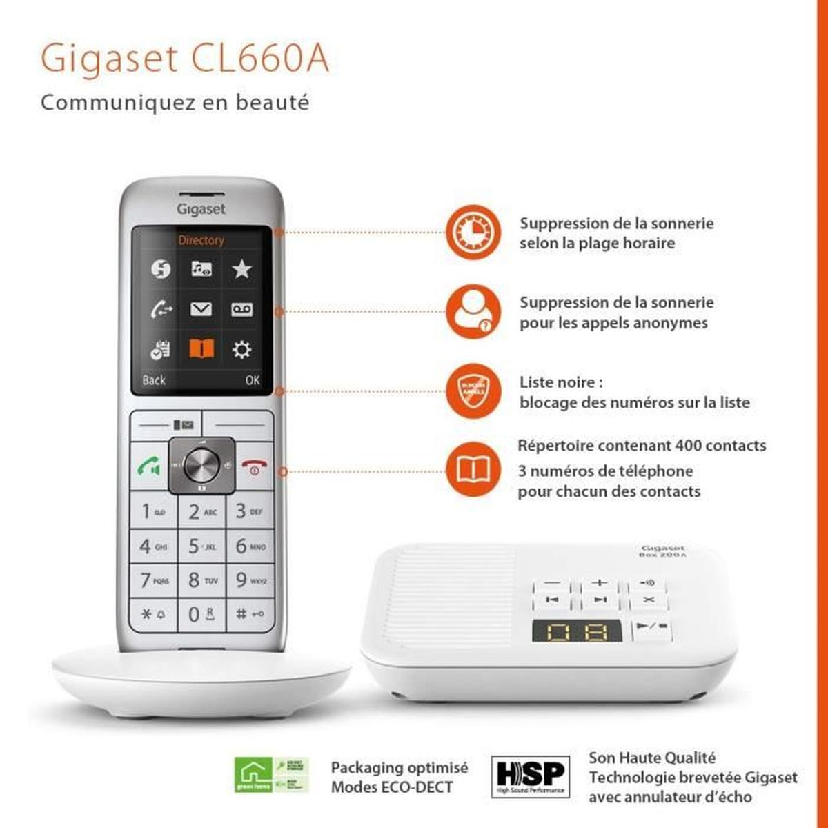 Weißes Gigaset-Telefon auf der Basis, mit einem Bildschirm, der Menüoptionen und Tasten anzeigt.