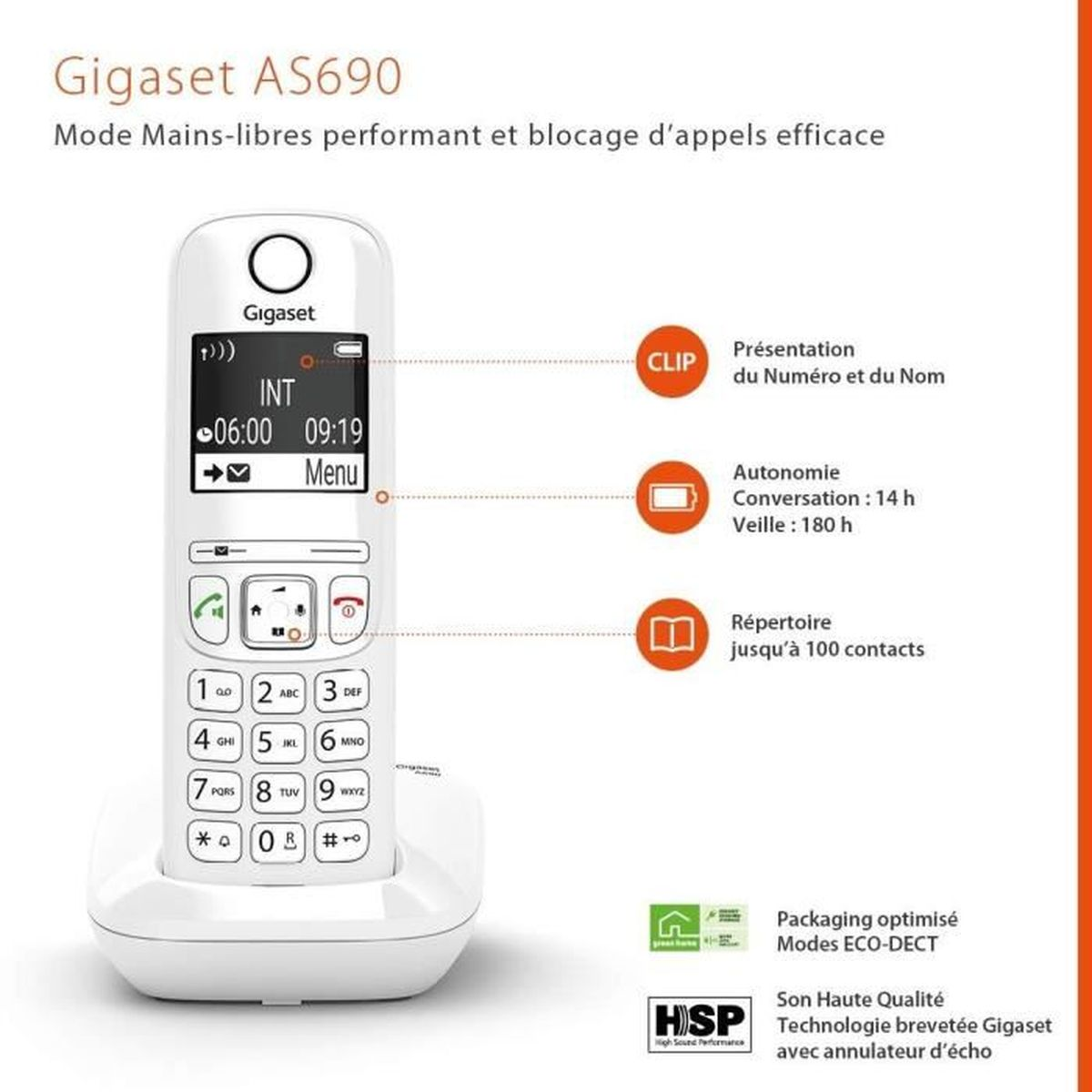 Weißes Gigaset-Telefon auf weißer Basis, mit Bildschirm, der Zeit und Menüoptionen zeigt, und Tasten.