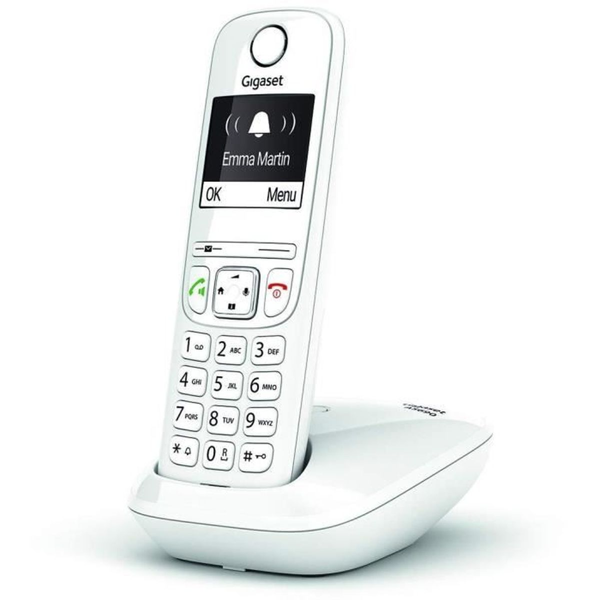 Weißes Gigaset-Telefon, mit einem Bildschirm, der eine Anrufbenachrichtigung und den Namen Emma Martin zeigt.