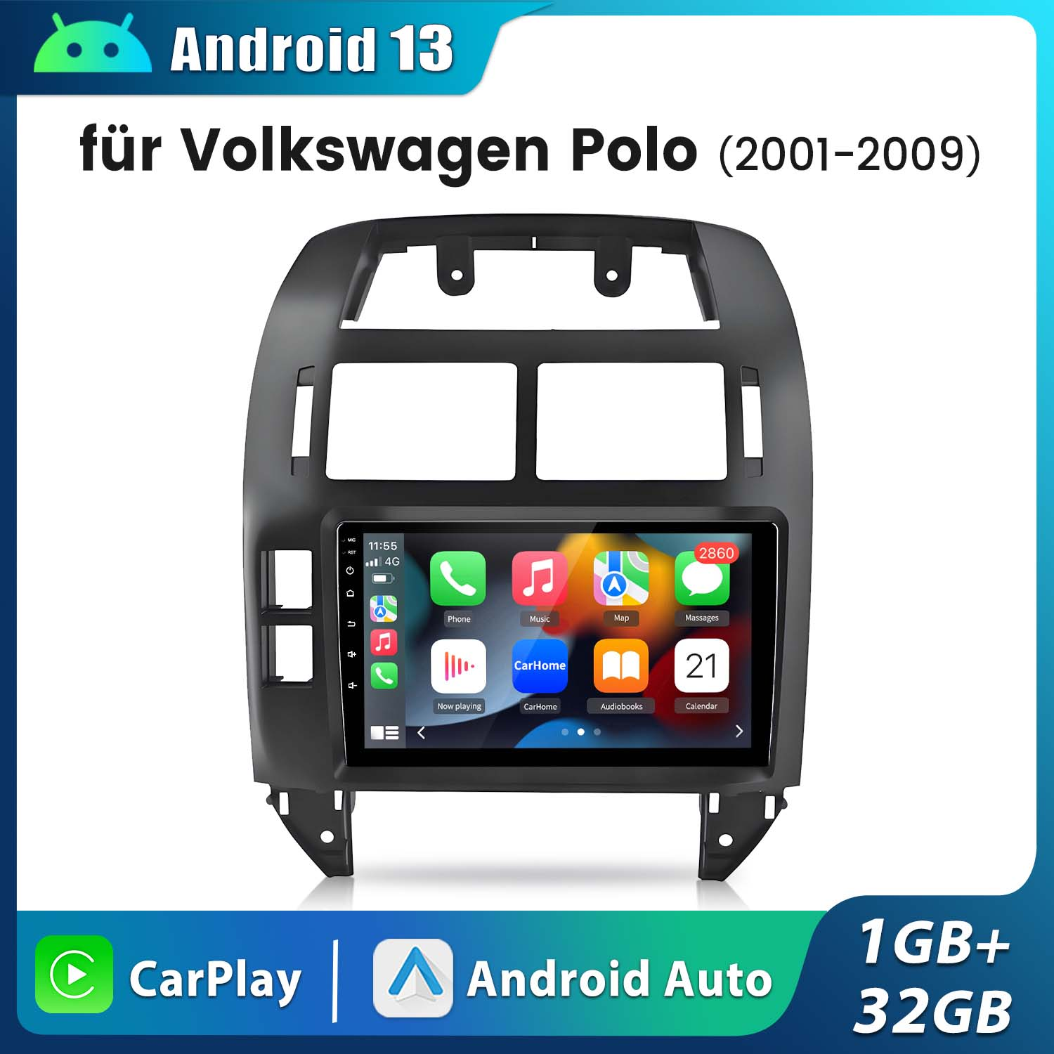 Armaturenbrett mit Touchscreen, der eine App-Oberfläche zeigt, umgeben von Lüftungsschlitzen und Autodetails.