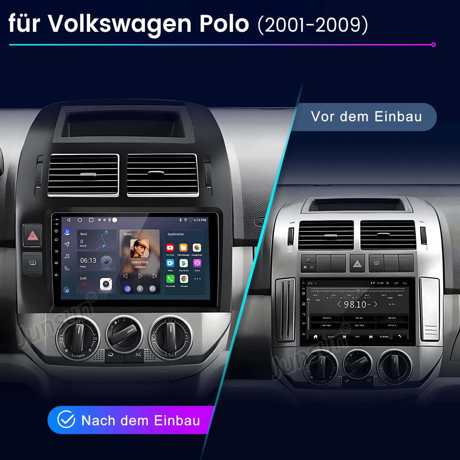 Bilder zeigen den Unterschied zwischen vor und nach dem Einbau eines Autoradios im Auto.