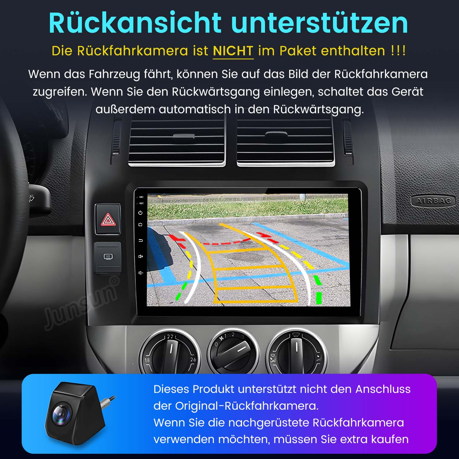 Autoradio-Bildschirm, der eine Rückfahrkameransicht mit Führungslinien und Innendetails des Autos anzeigt.