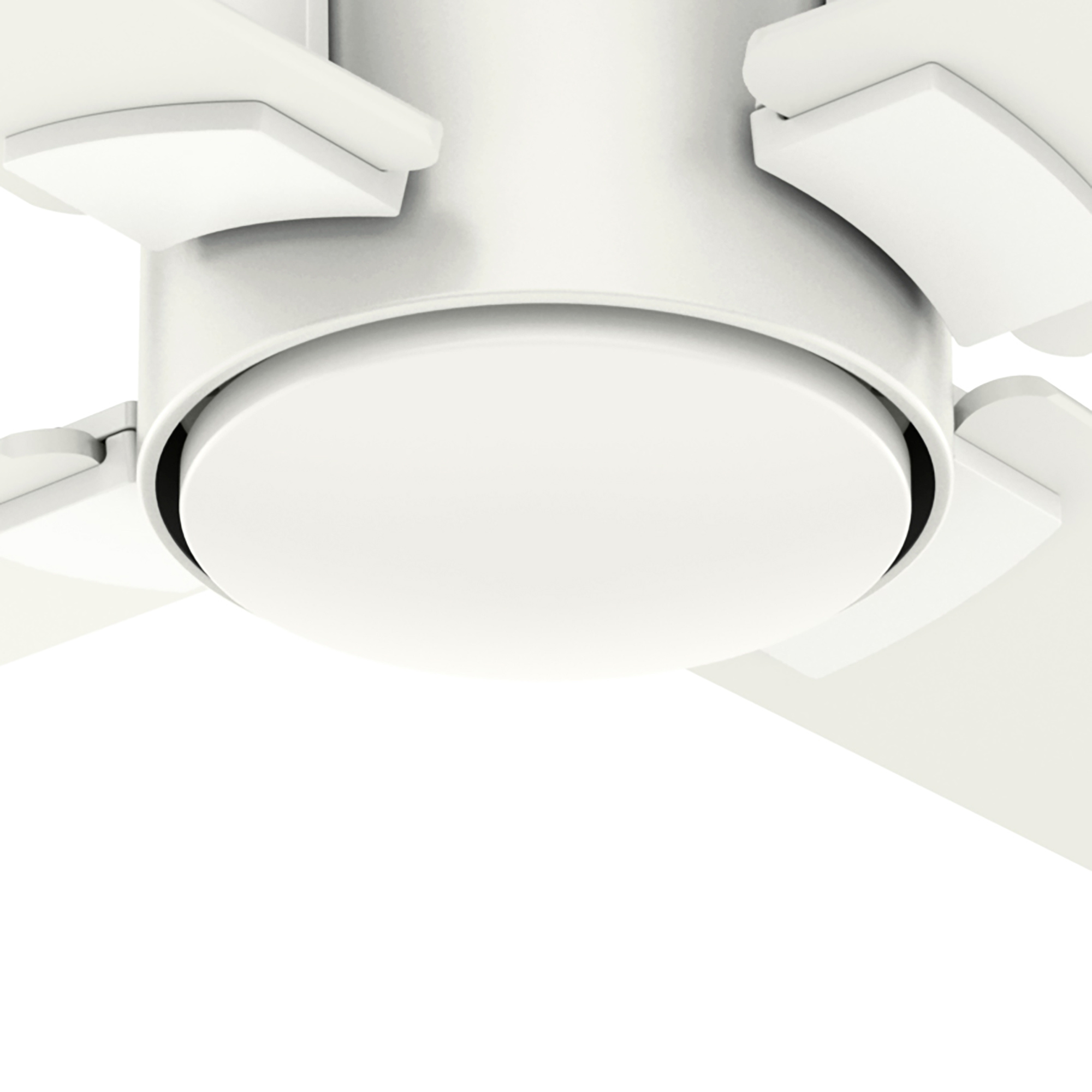 Nahaufnahme eines weißen Deckenventilators mit Leuchte, die die Blätter zeigt.