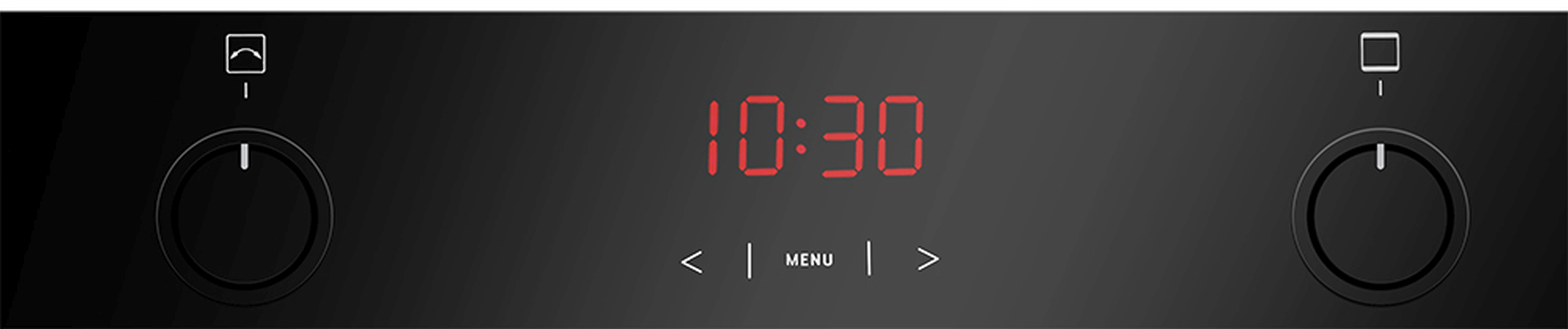 Eine schwarze Gerätebedienblende mit roter Digitalanzeige 10:30 und zwei Knöpfen.