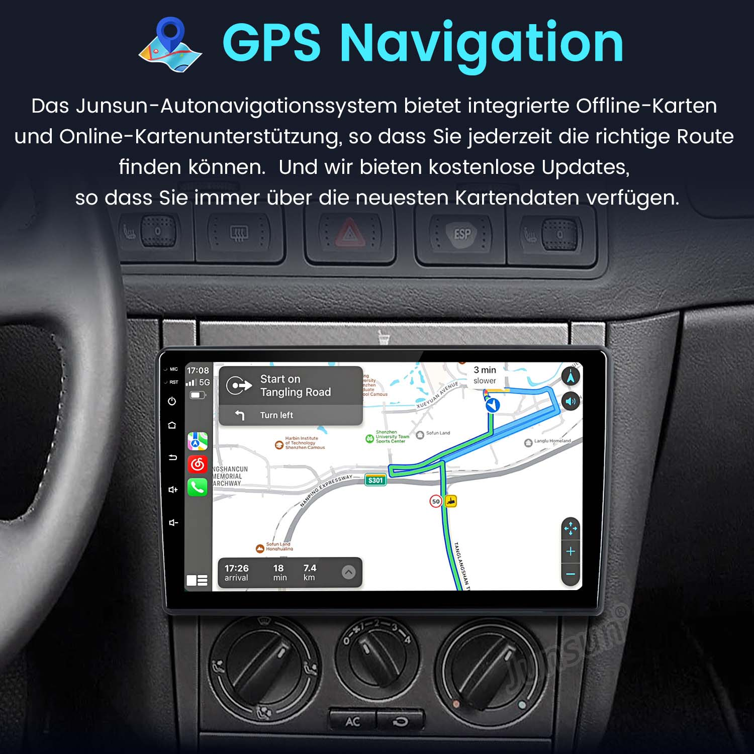 Deska rozdzielcza samochodu z ekranem nawigacji GPS pokazującym mapę.
