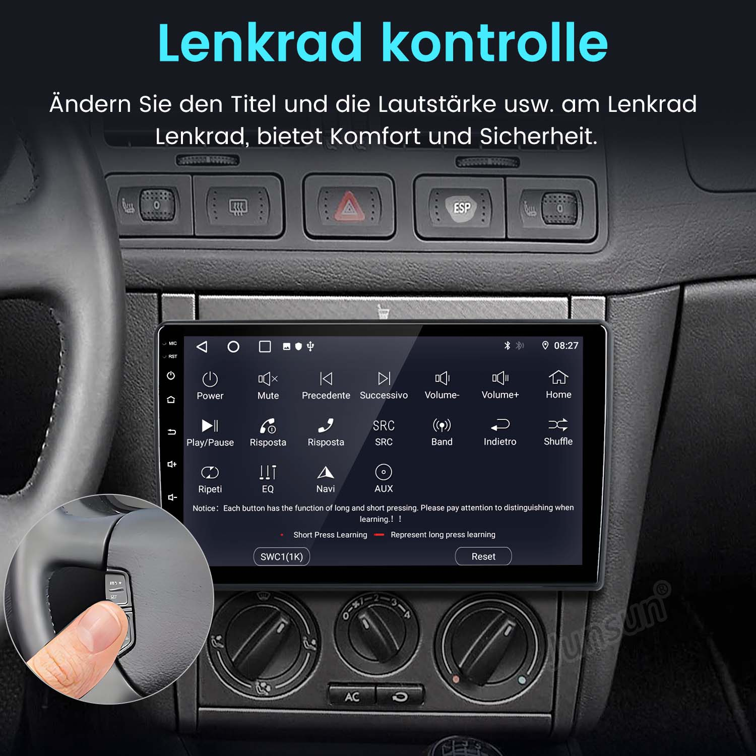 Ekran systemu multimedialnego samochodu z wieloma przyciskami i ręką na kierownicy. Tekst: Lenkrad kontrolle.