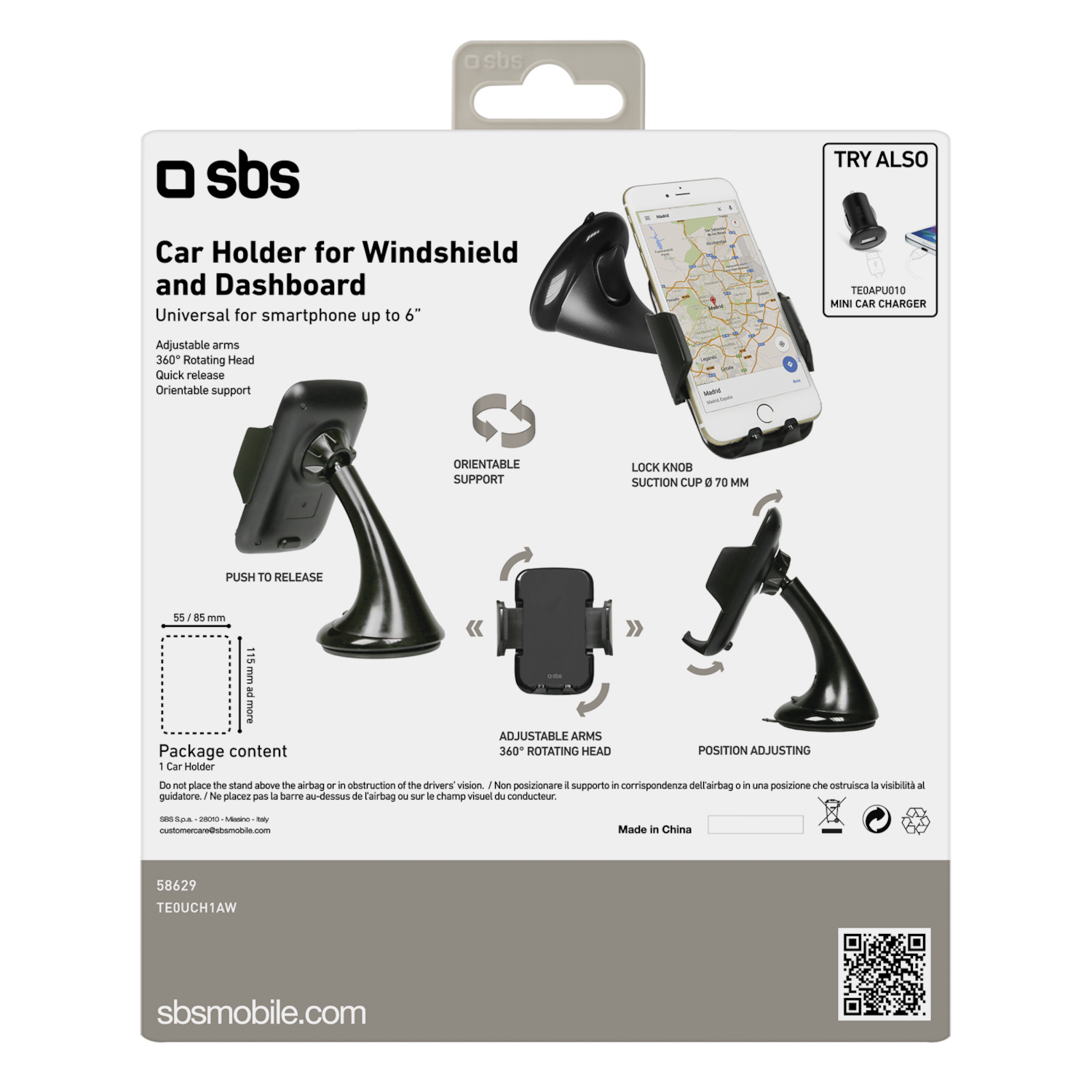 Soporte para teléfono de coche con embalaje, mostrando brazo ajustable y cabeza giratoria.