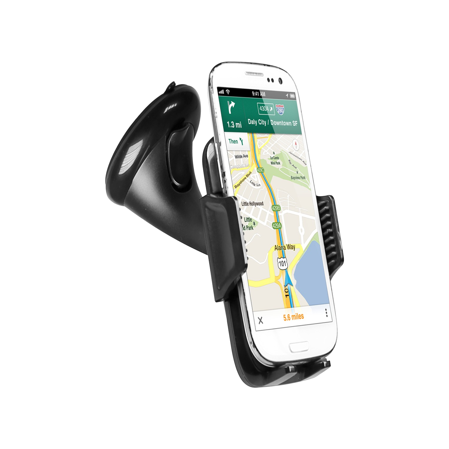 Soporte para teléfono de coche negro con un smartphone blanco que muestra un mapa.