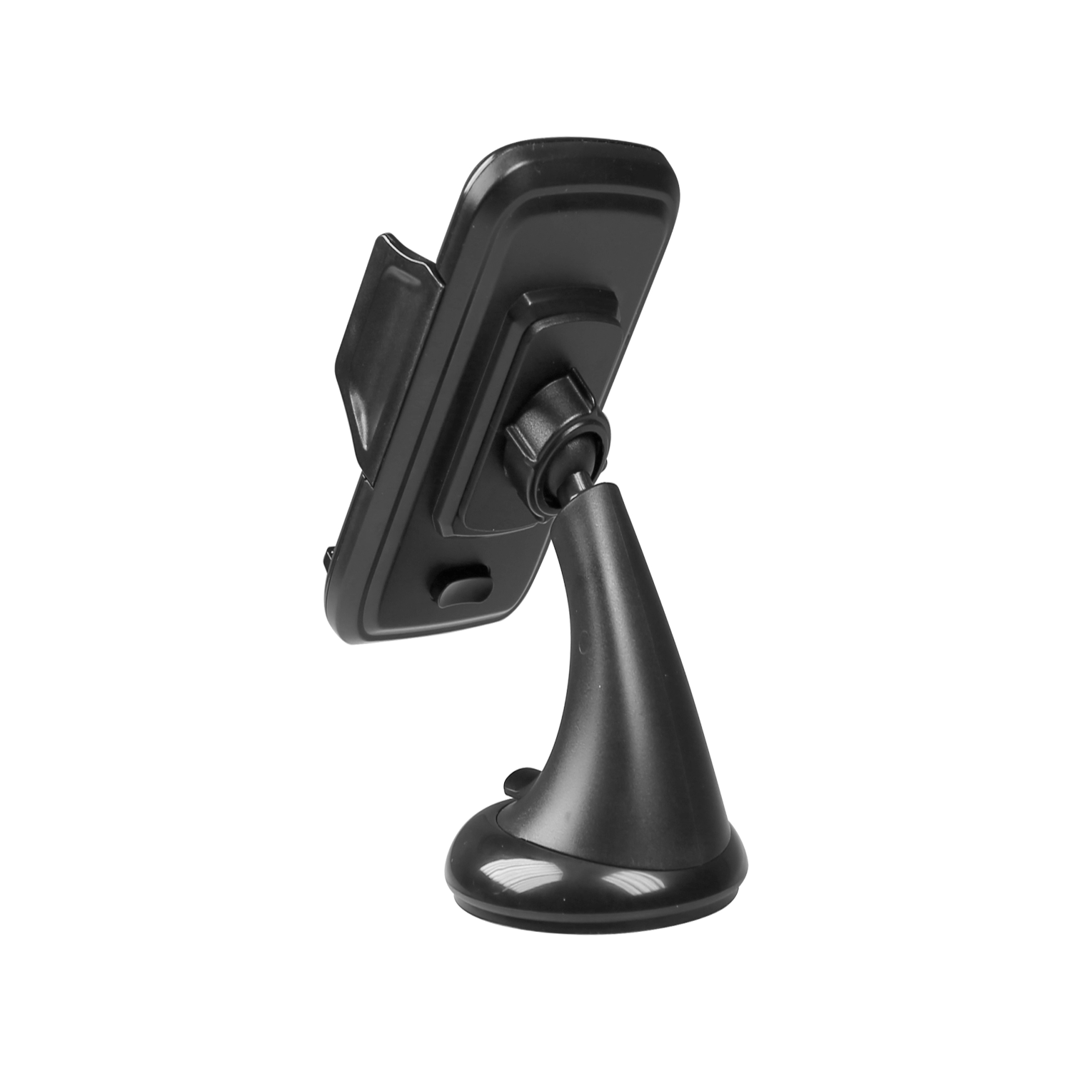 Soporte para teléfono de coche negro en ángulo, sobre un fondo blanco.