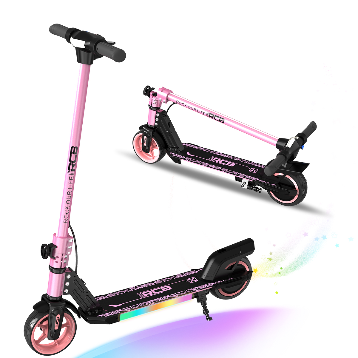 Dwie różowe hulajnogi, jedna złożona, z nazwą marki i efektem tęczy.