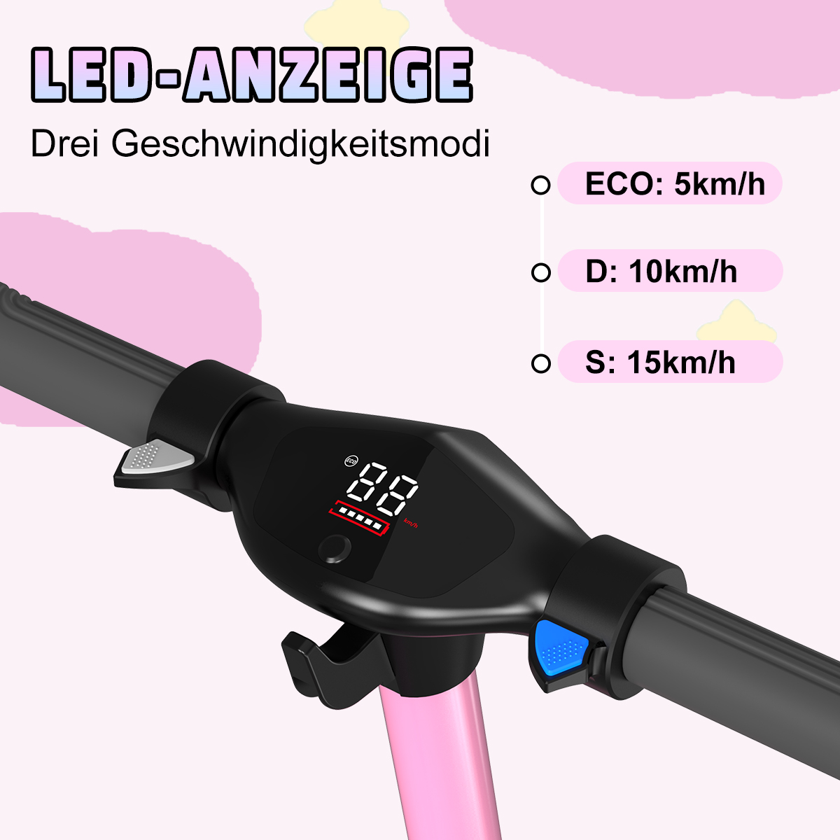 Kierownica hulajnogi z wyświetlaczem LED pokazującym prędkość i trzy opcje trybu prędkości.