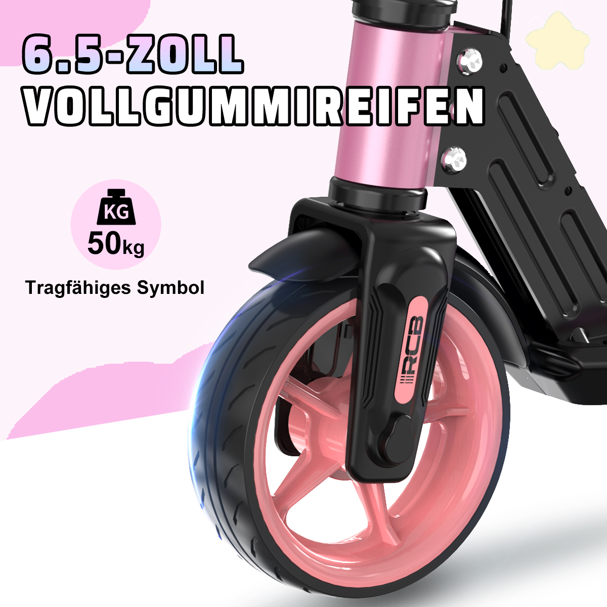 Różowe koło hulajnogi z tekstem o pełnych gumowych oponach i nośności.