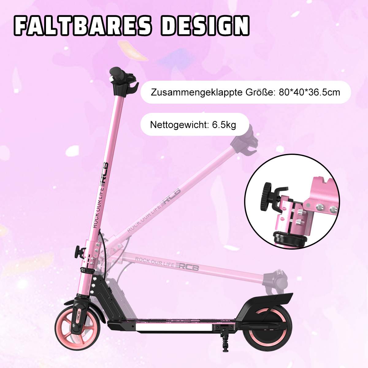 Różowa składana hulajnoga z czarnymi akcentami; tekst wskazuje na złożony rozmiar i wagę.