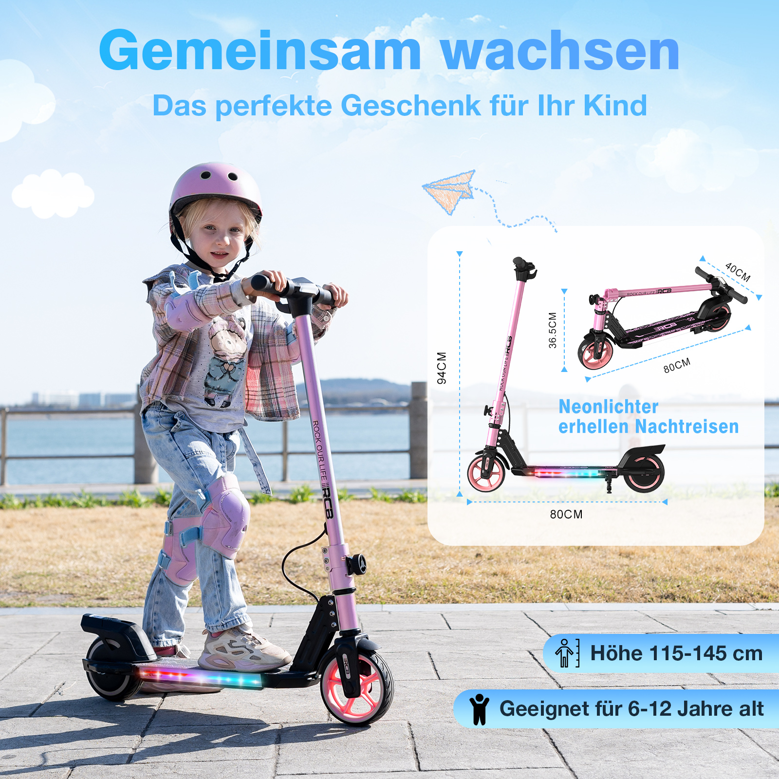 Kind auf pinkfarbenem Roller, mit Schutzkleidung und einer Diagramm mit Maßen.