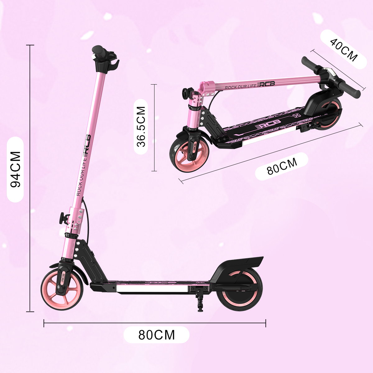 Różowa hulajnoga z wymiarami: wysokość 94 cm, kierownica 40 cm, pokład 80 cm i trzpień 36,5 cm.