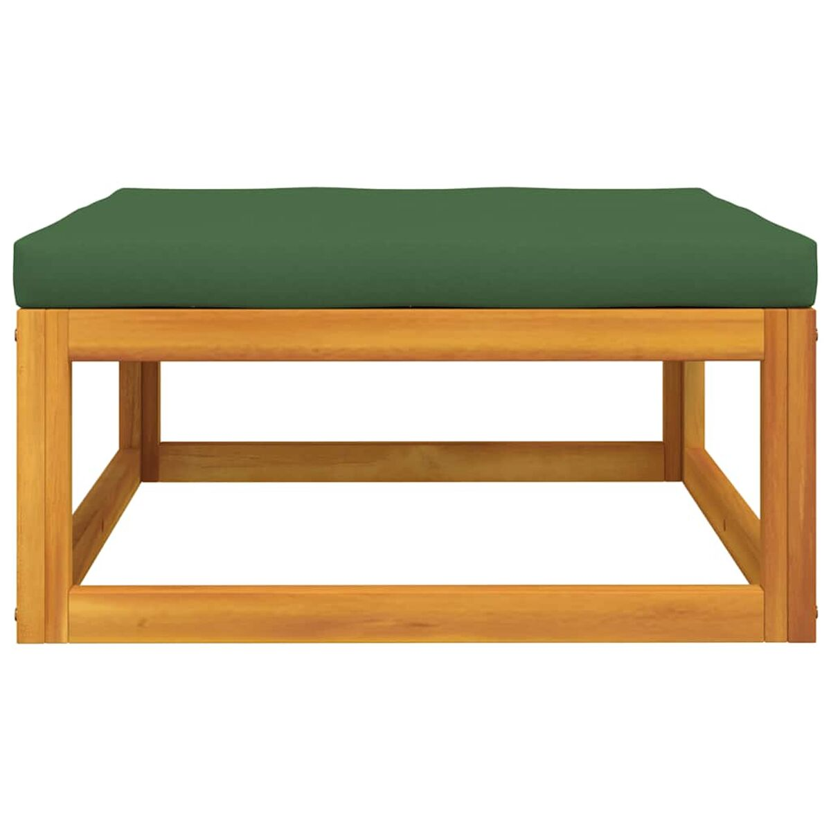 Hocker aus Holz mit einem grünen Kissen im Freien.