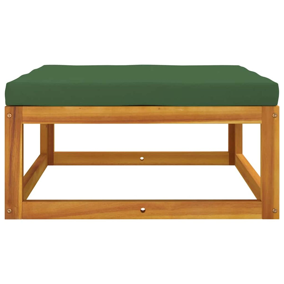 Hocker aus Holz mit grünem Kissen.