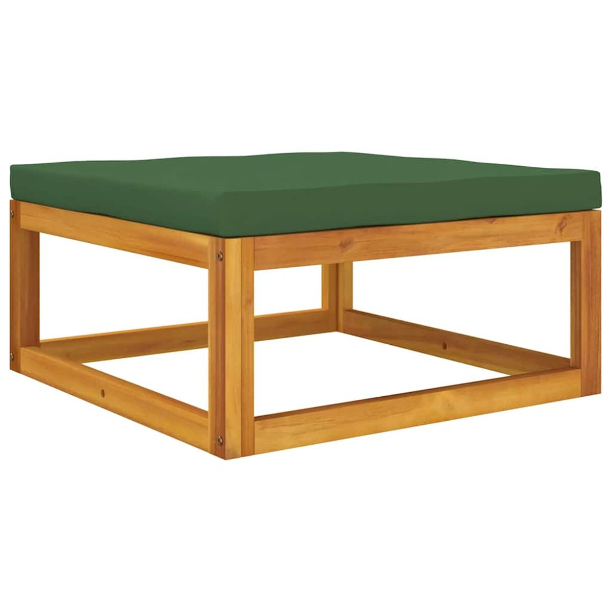 Quadratischer Holztisch für den Außenbereich mit grünem Kissen. Klarer Holzrahmen und grüne Oberseite.