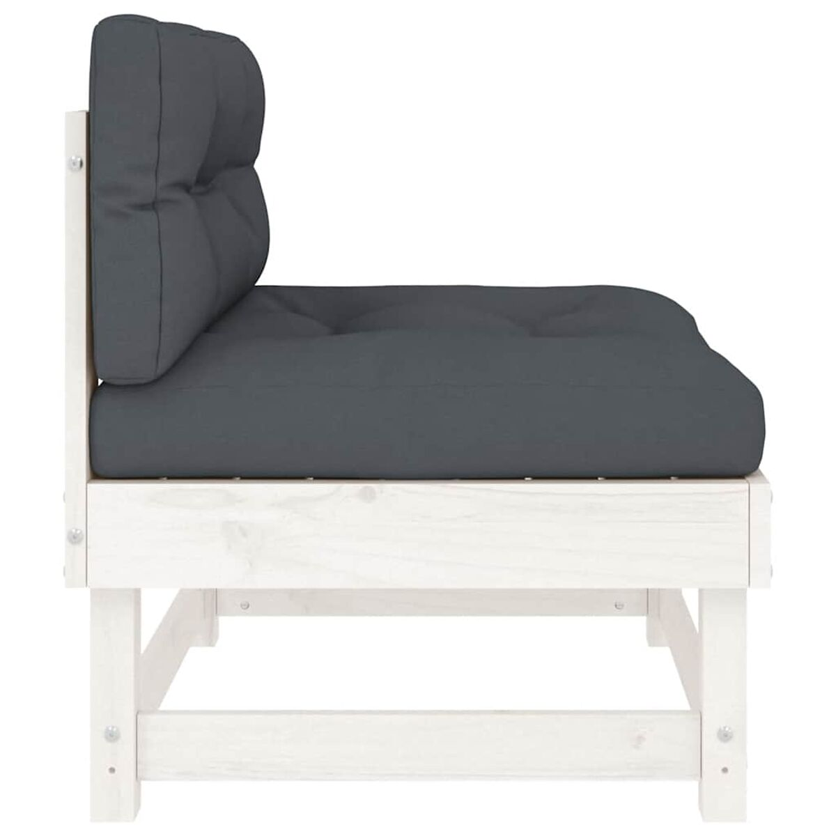 Seitenansicht eines weißen Holzsofas mit grauen Kissen.