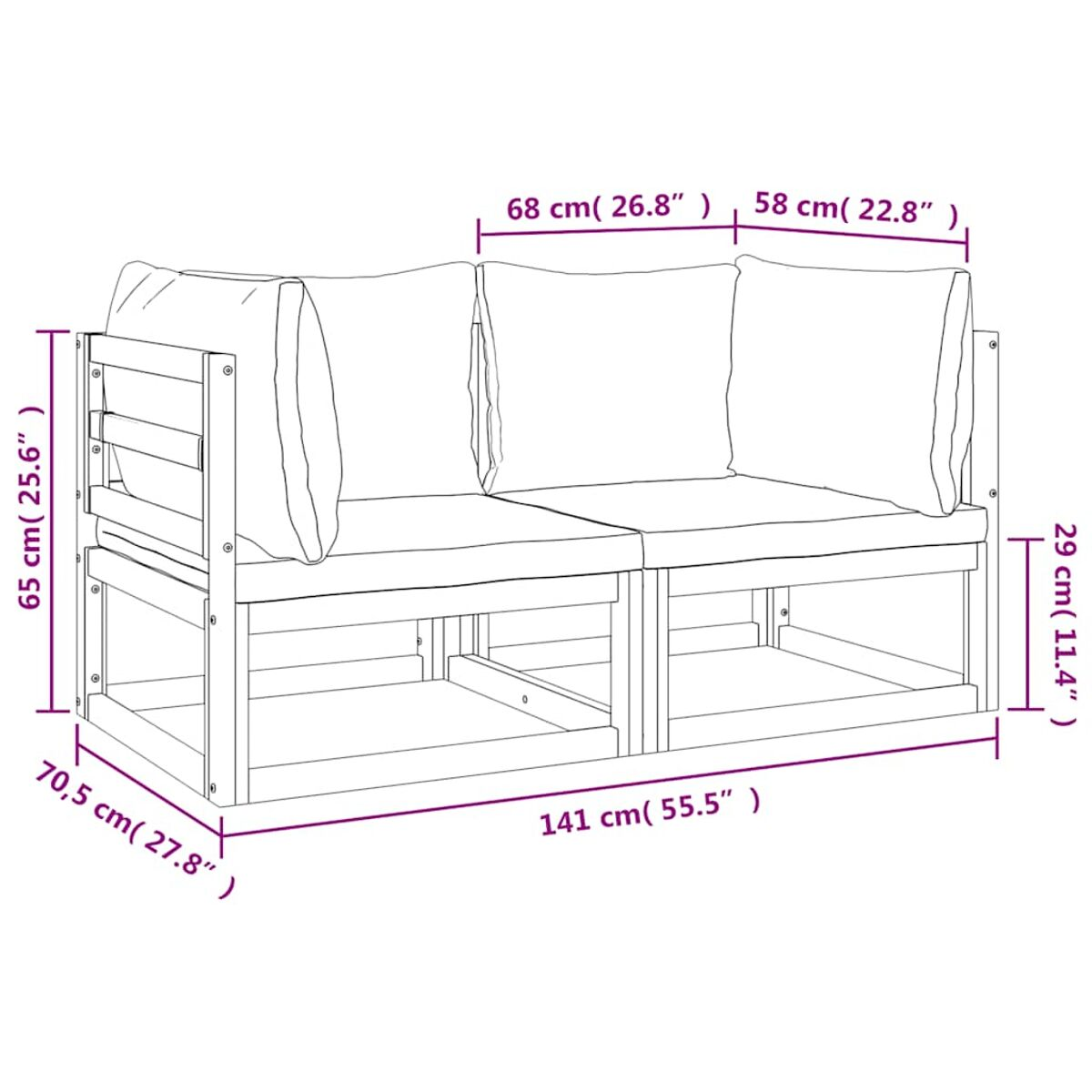 Diagramm eines Holzsofas mit Abmessungen. Das Sofa hat zwei Sitze, Kissen und Kissen.