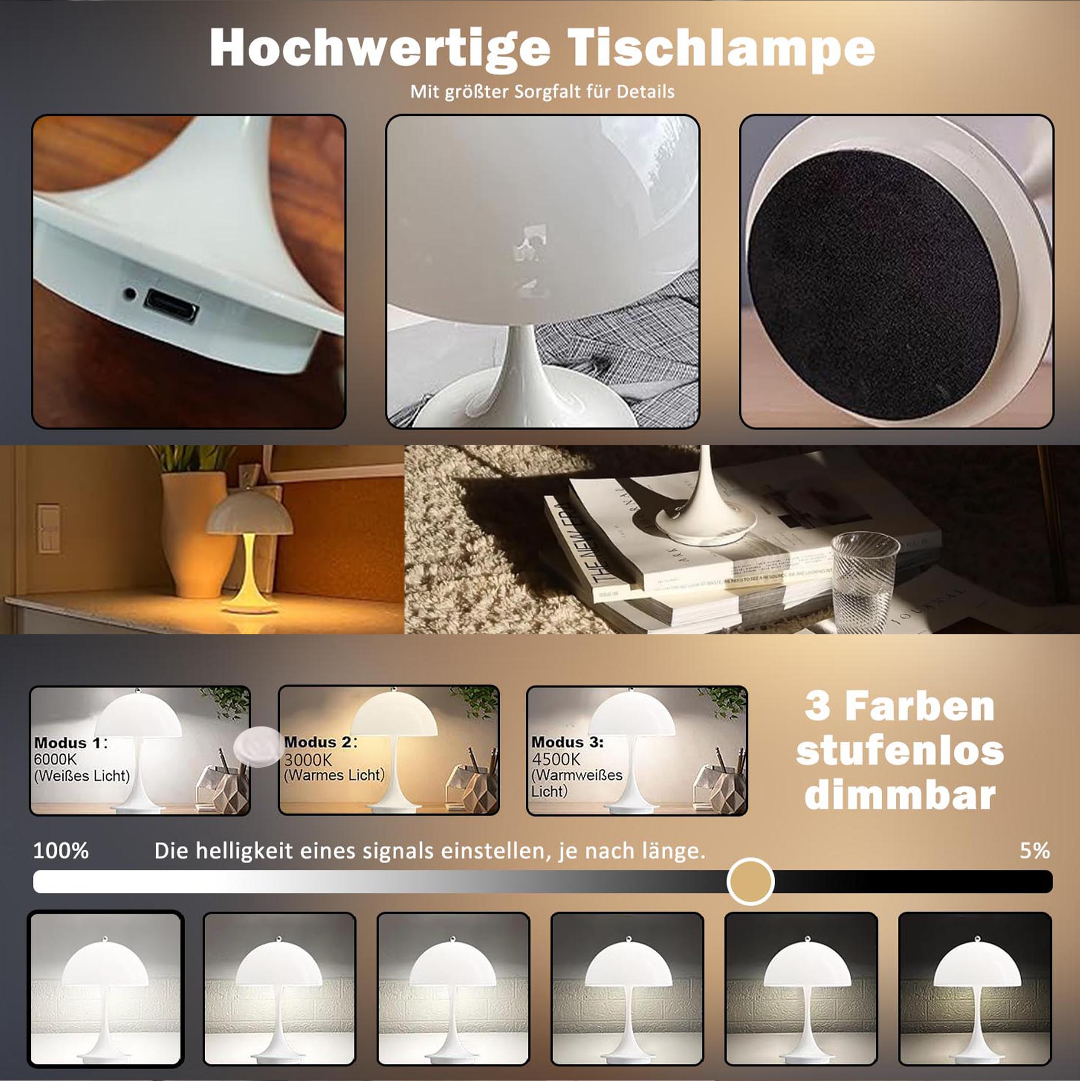 Details einer weißen Tischlampe mit ihren Teilen. Es umfasst einen USB-Anschluss und eine einstellbare Helligkeitsregelung.
