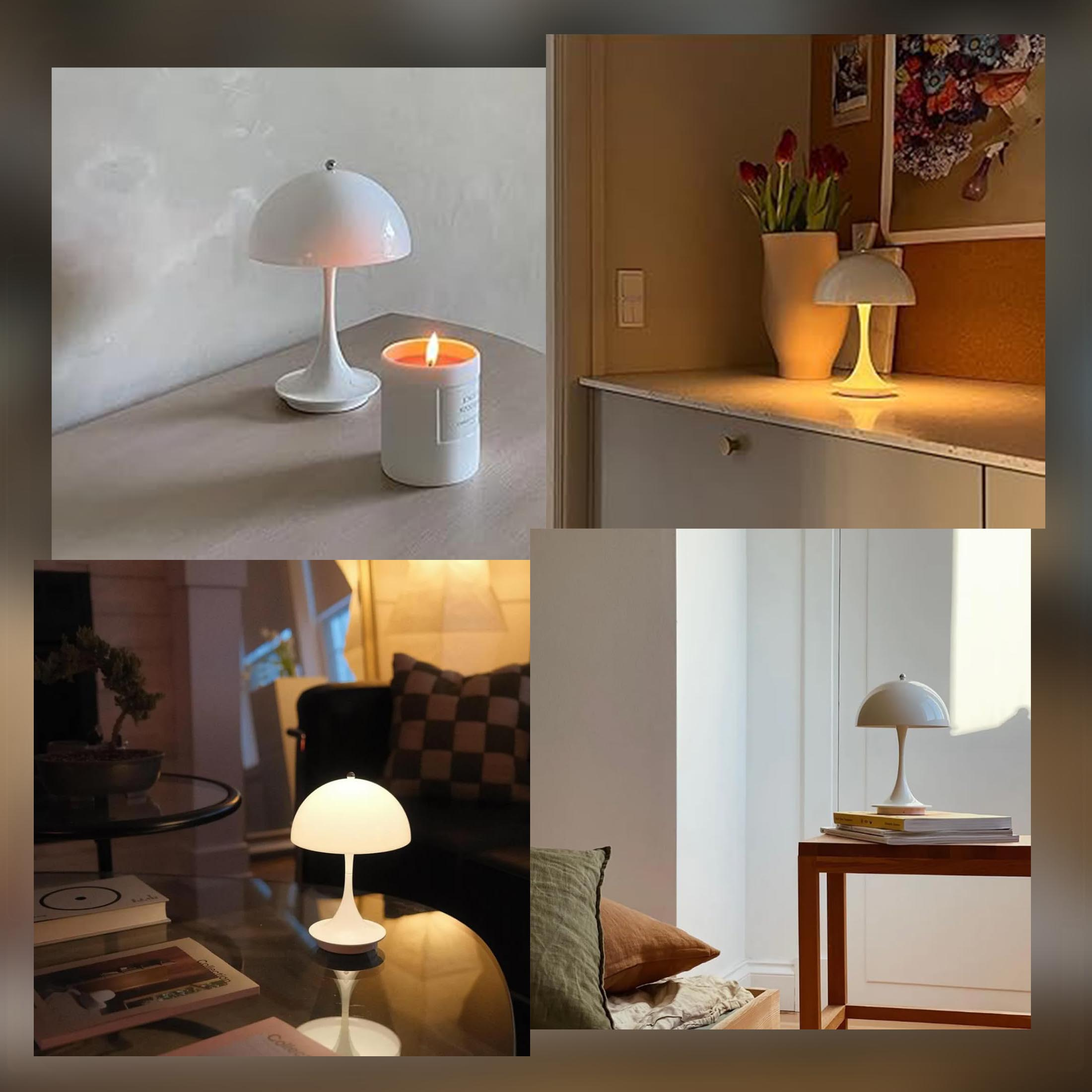 Vier Bilder einer weißen Tischlampe, teilweise mit Kerze oder Büchern.