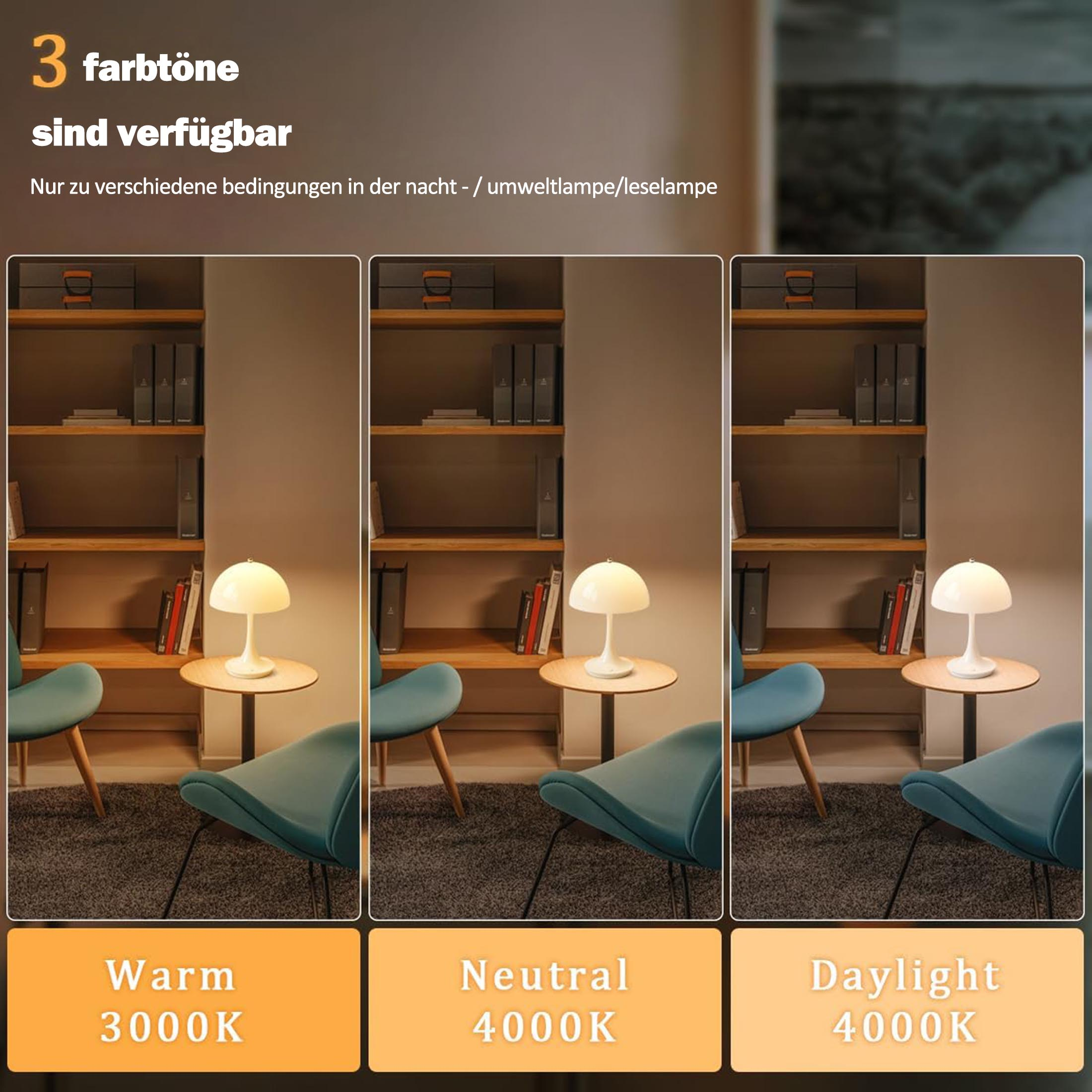 Drei Beleuchtungsoptionen werden gezeigt: warm, neutral und Tageslicht. Jedes beleuchtet einen Raum mit einer weißen Lampe.