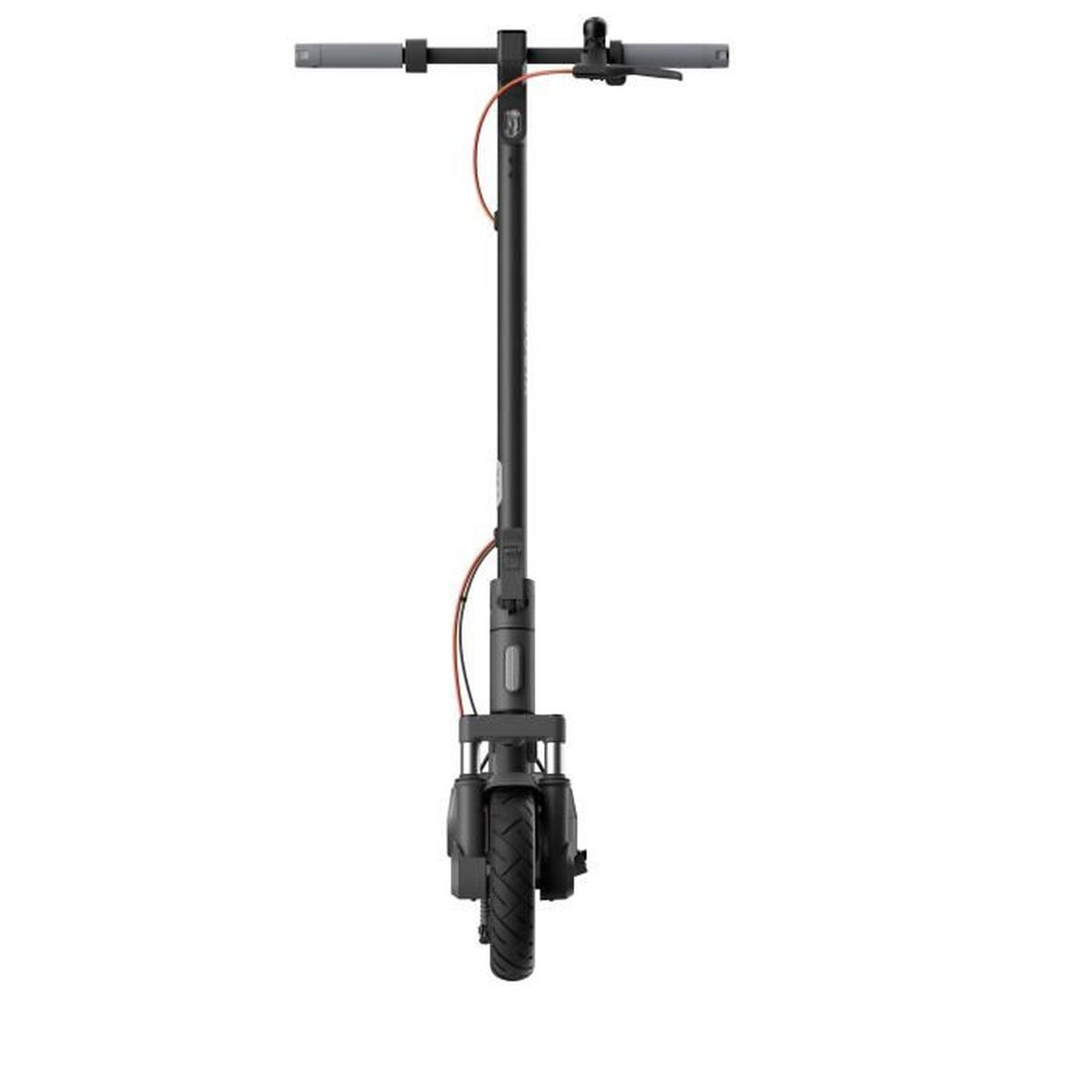 Scooter elettrico, vista frontale. Il manubrio è grigio. Cavo arancione presente.