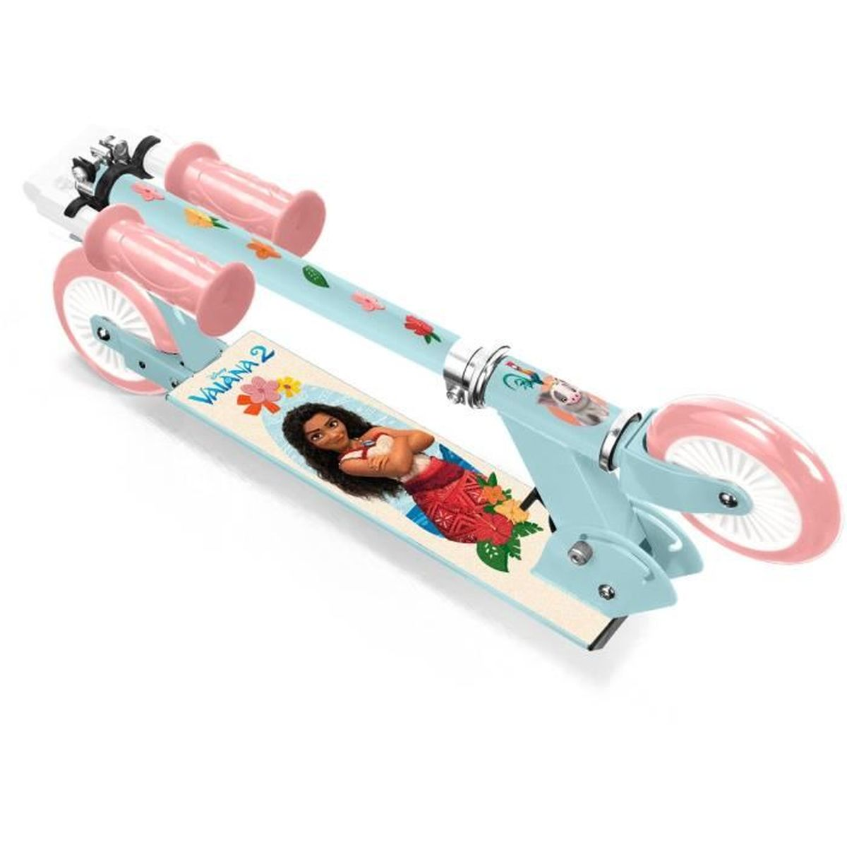 Monopattino blu e rosa con tema Vaiana 2. Sfondo bianco. Viene mostrato lo scooter e la scatola.