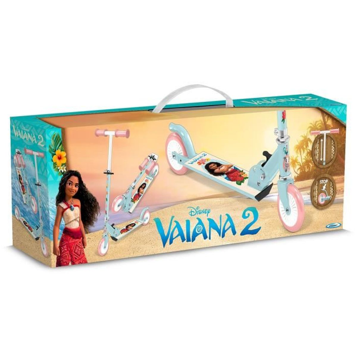Monopattino Vaiana 2 in scatola. Tema blu e rosa. La scatola mostra lo scooter e l'immagine di Moana.