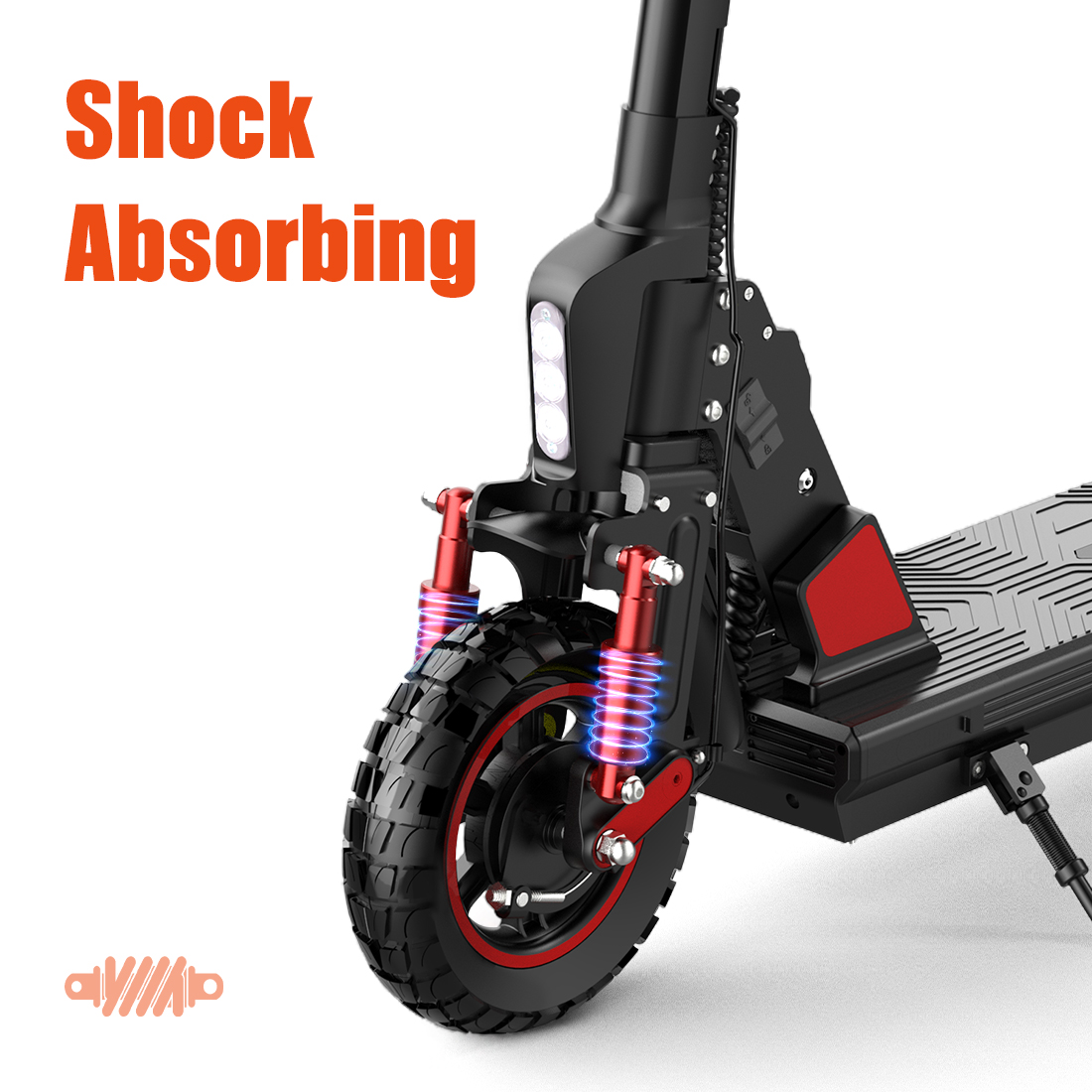 Scooter elettrico nero e rosso, pneumatico nero, ammortizzatori rossi e le parole "Shock Absorbing".