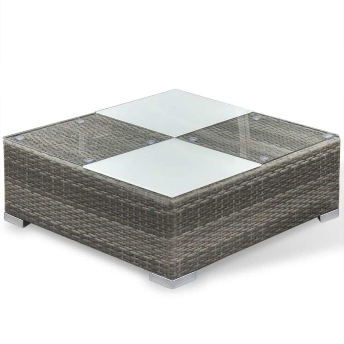 Quadratischer Outdoor-Couchtisch mit grauen Korbflechtsseiten und vier Glasquadraten oben.