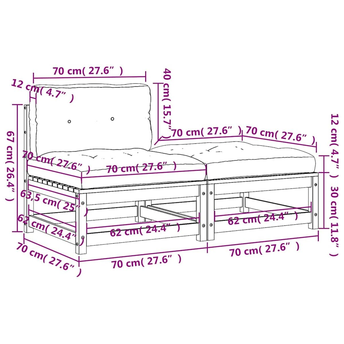 Diagramm von Holz-Außensitzmöbeln mit Abmessungen in cm und Zoll. Zeigt zwei Teile mit Kissen.