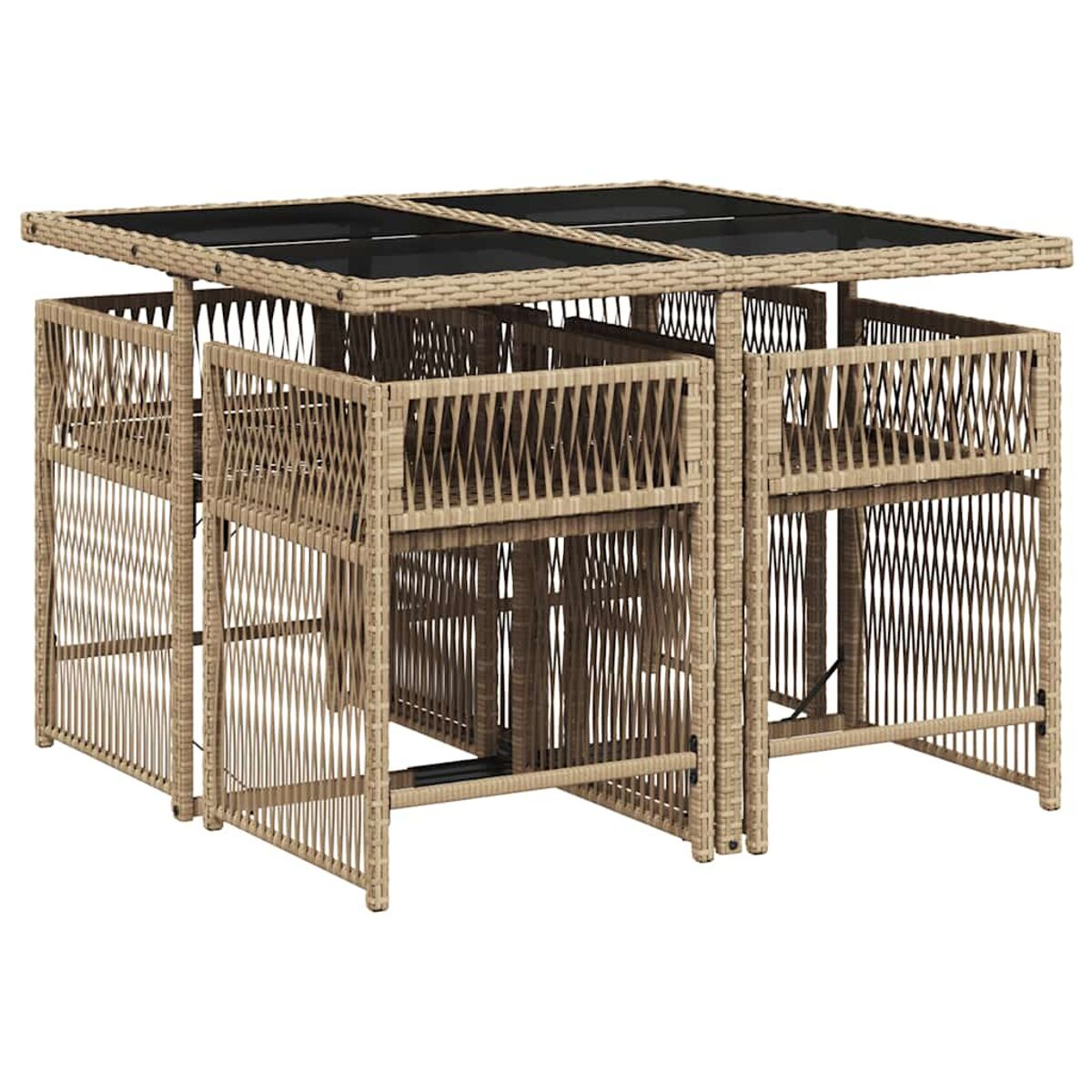 Set da pranzo per esterni con tavolo in vetro e quattro sedie in rattan. Le sedie sono riposte.
