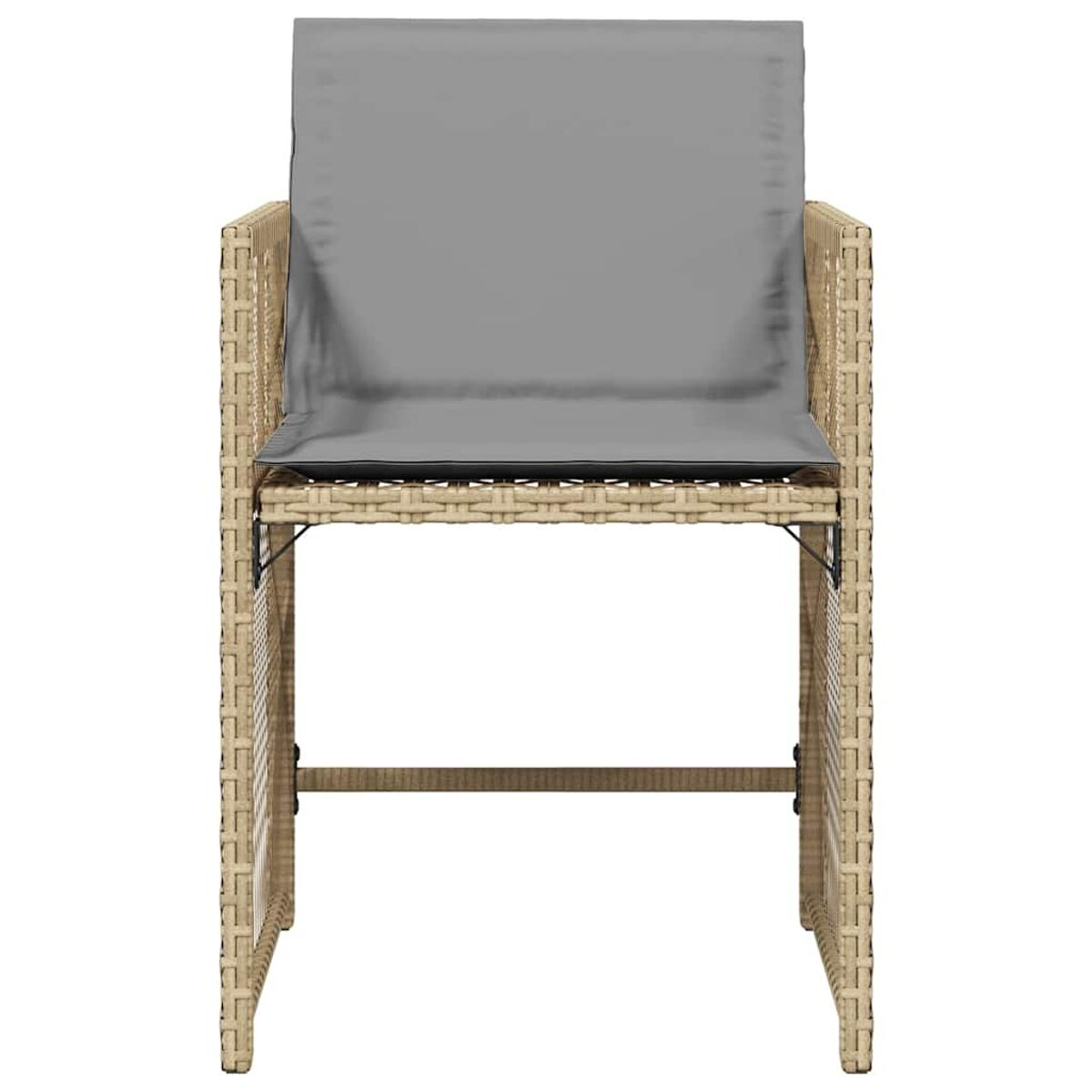 Sedia in rattan con cuscino grigio, vista frontale. La sedia è beige.