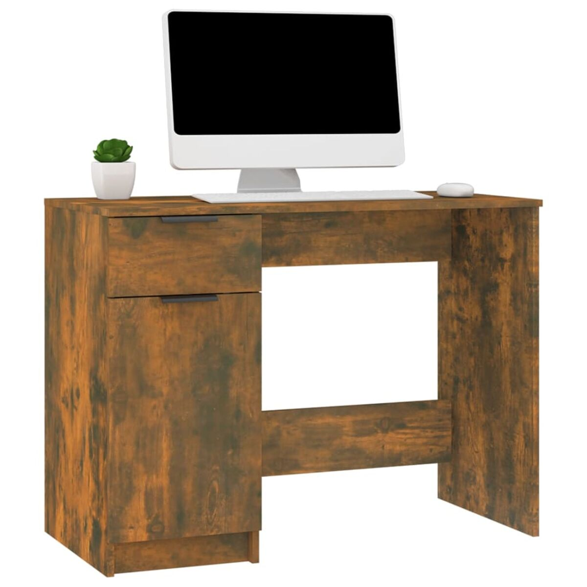 Holzschreibtisch mit Computer, Pflanze und Maus. Braun, Schubladen links, Freiraum rechts.
