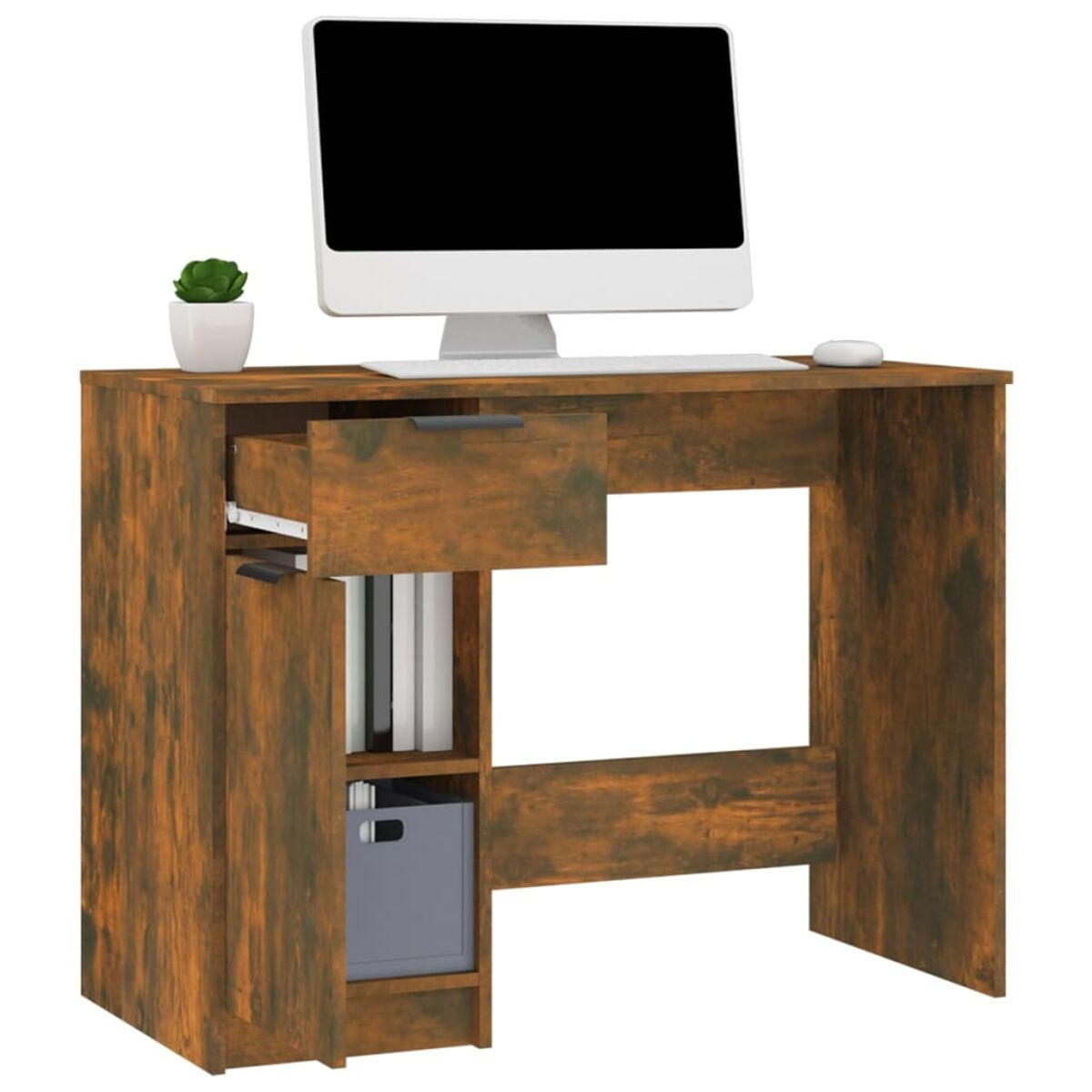 Holzschreibtisch mit Computer, Pflanze und Maus. Schublade offen mit Büchern und grauer Box.