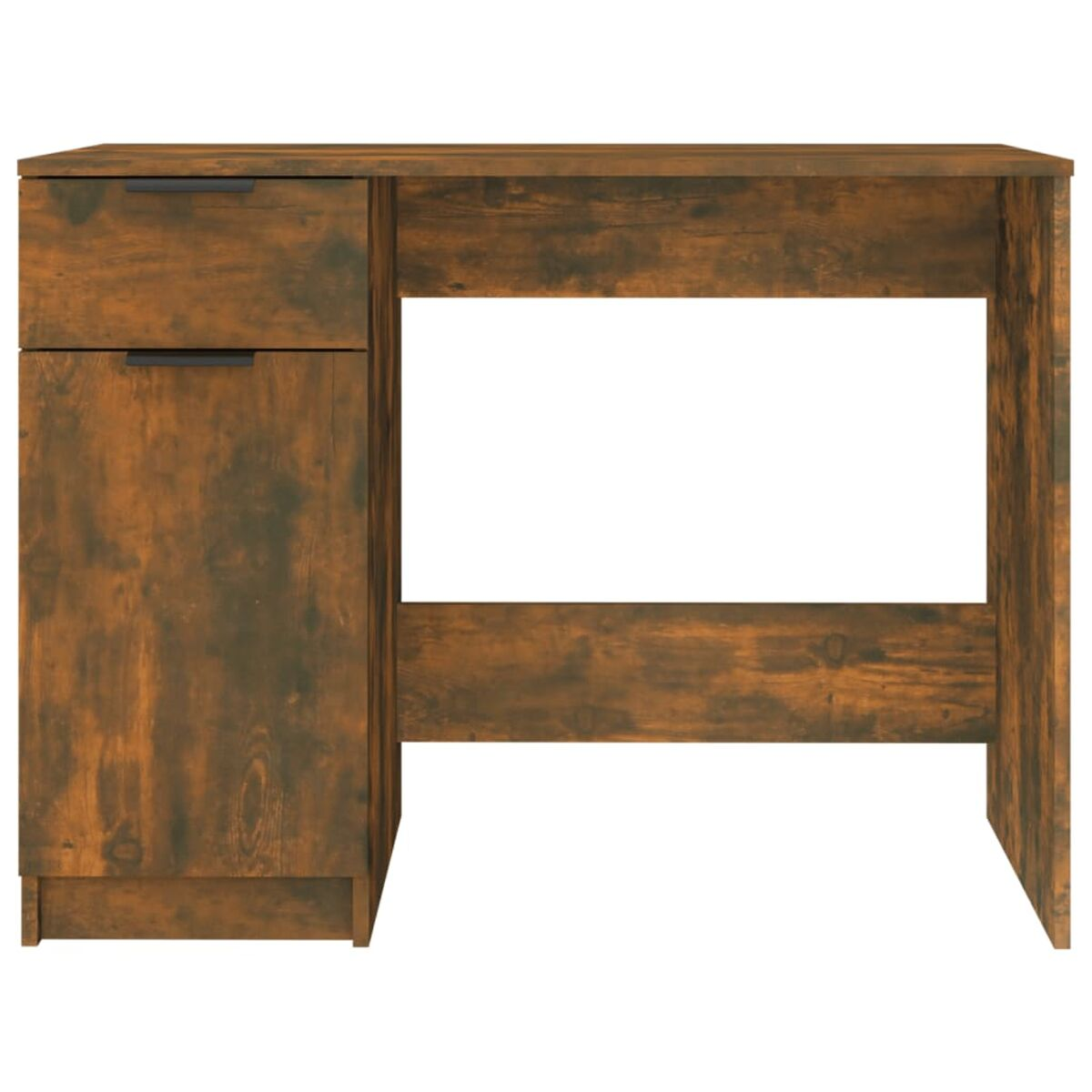 Holzschreibtisch mit Schubladen und offenem Raum, braune Farbe.