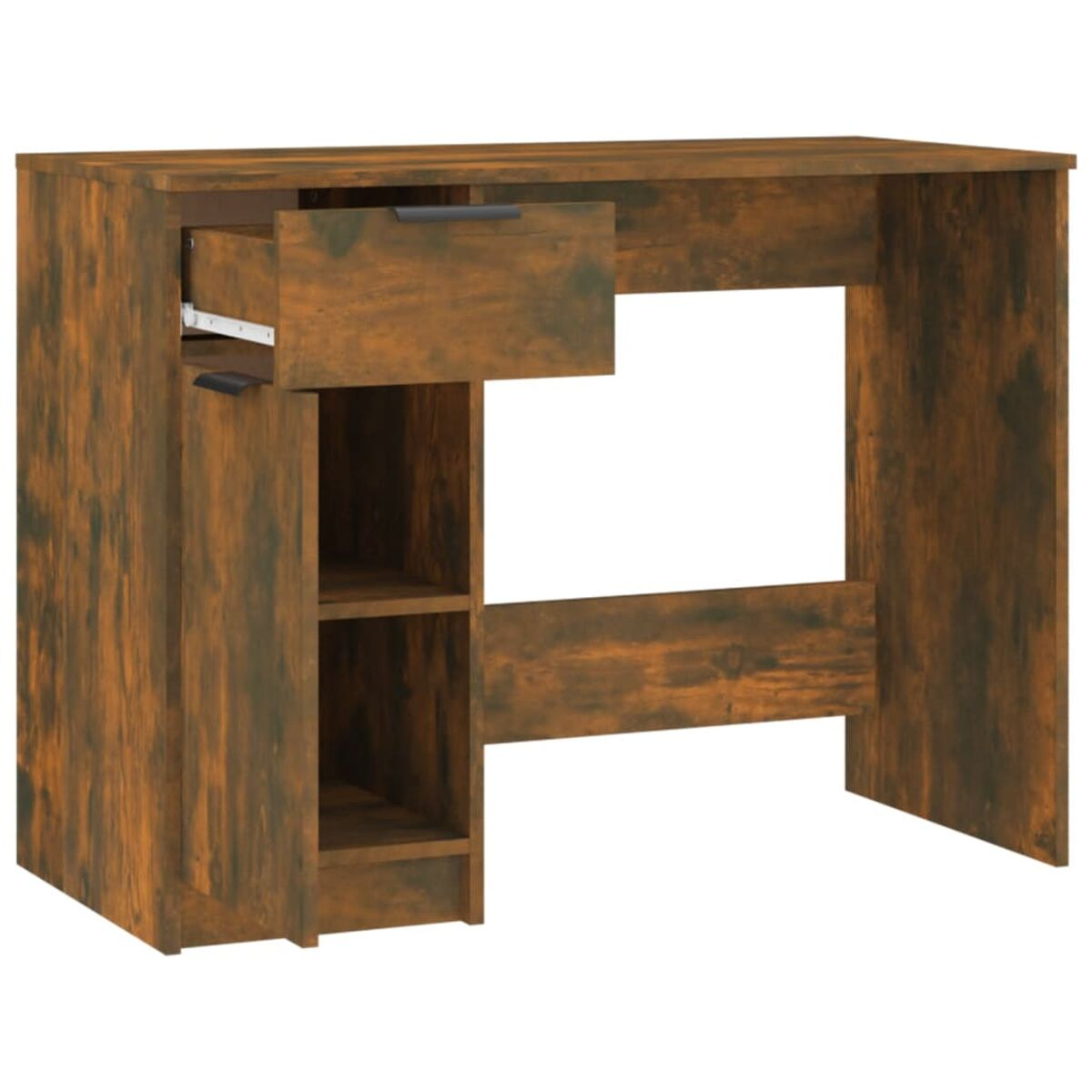 Holzschreibtisch mit offener Schublade. Hat ein Fach mit Regalen und einen Beinraum.