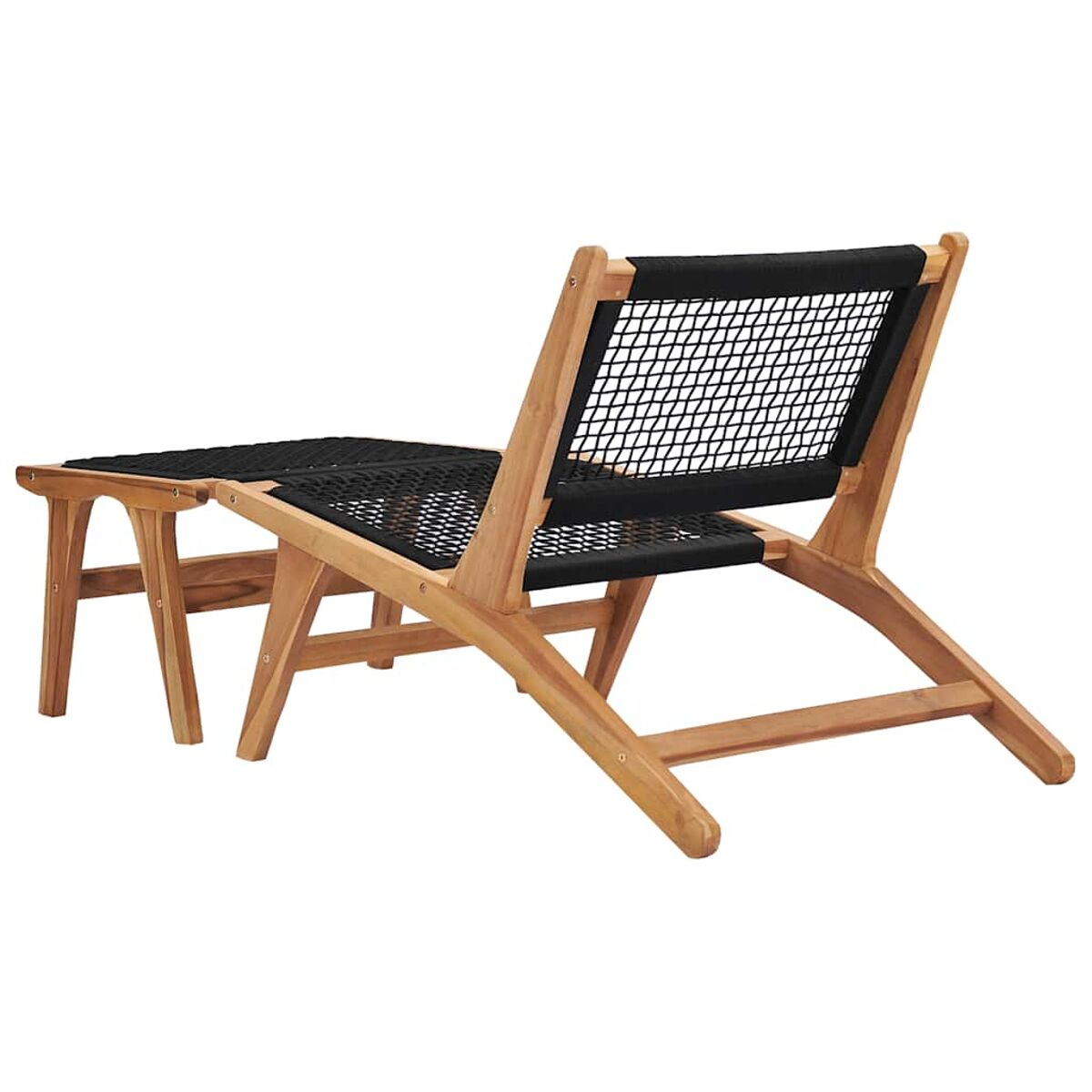Holzstuhl mit schwarzem, gewebtem Sitz und Rücken, abgewinkelt, auf weißem Hintergrund.